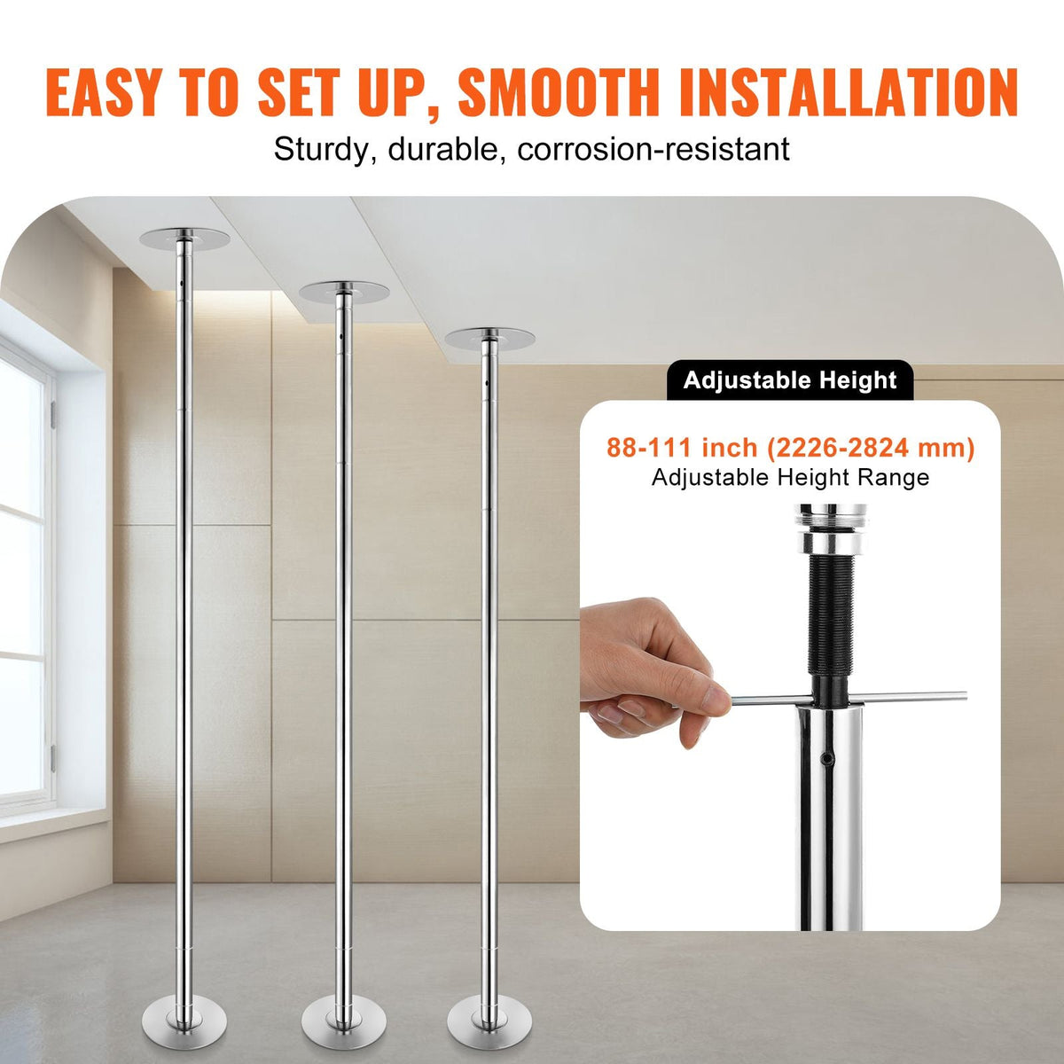 Professional Dancing Pole, Spinning Static Dancing Pole Kit, Portable Removable Pole, 45mm Heavy-Duty Stainless Steel Pole, Height Adjustable Fitness Pole, for Exercise Home Club Gym, Silver