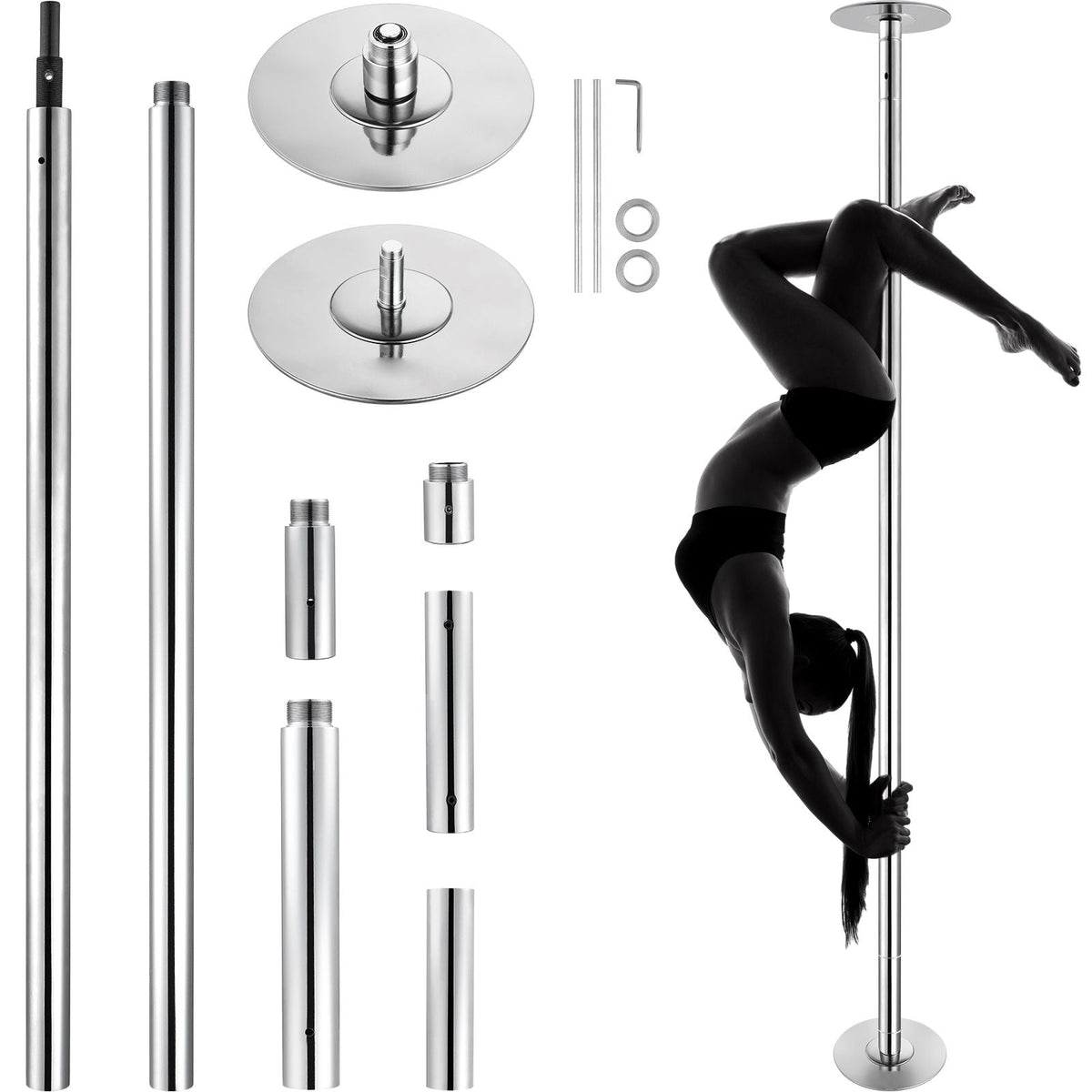 Professional Dancing Pole, Spinning Static Dancing Pole Kit, Portable Removable Pole, 45mm Heavy-Duty Stainless Steel Pole, Height Adjustable Fitness Pole, for Exercise Home Club Gym, Silver