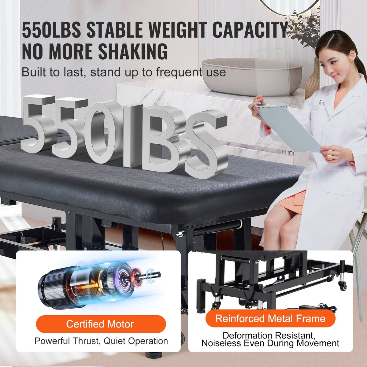 Professional Electric Lift Massage Table, 0-45° Adjustable Backrest Medical Table Beauty Bed, Height Adjustable Tattoo Spa Table on Wheels, Electric Massage Table with Headrest, 550LBS