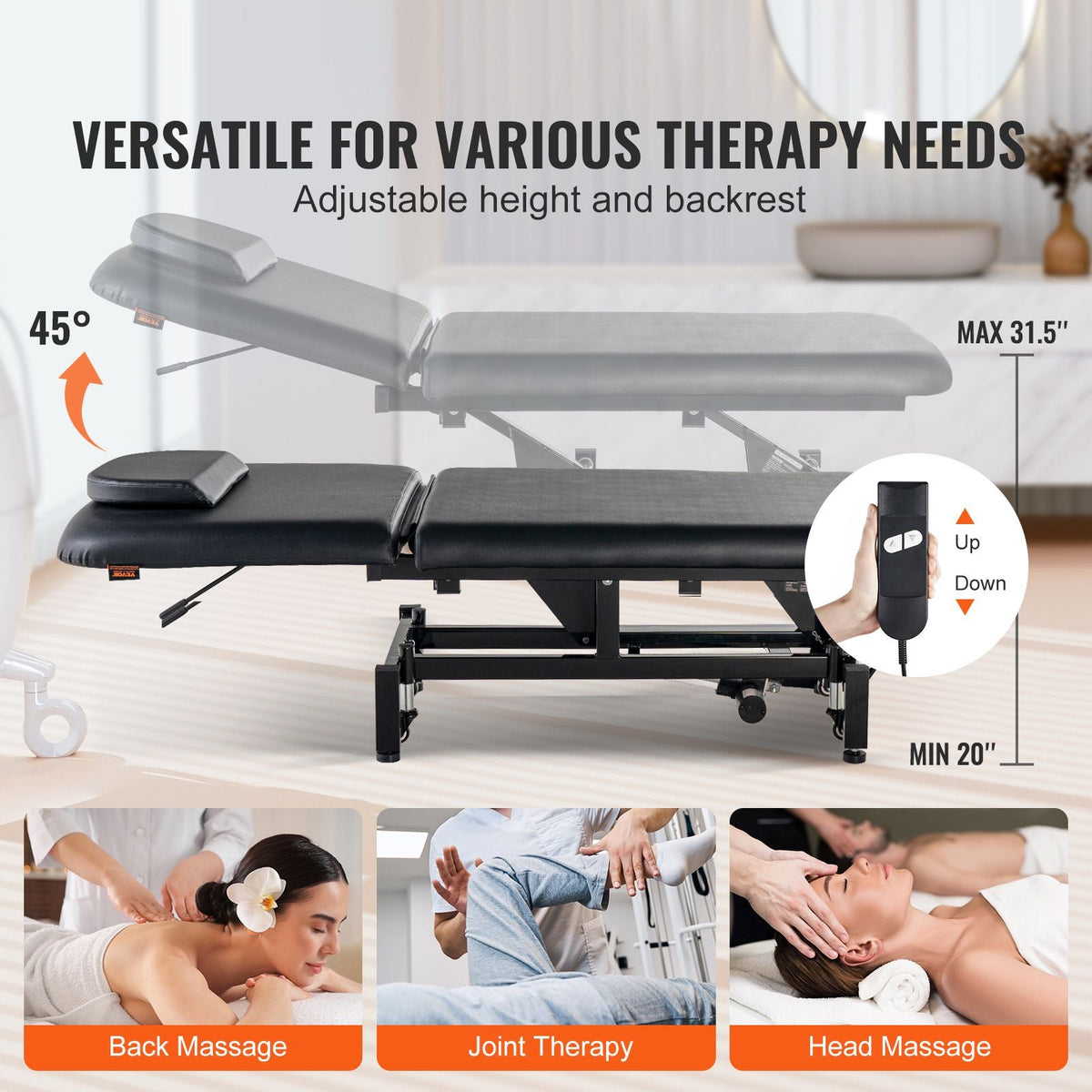 Professional Electric Lift Massage Table, 0-45° Adjustable Backrest Medical Table Beauty Bed, Height Adjustable Tattoo Spa Table on Wheels, Electric Massage Table with Headrest, 550LBS