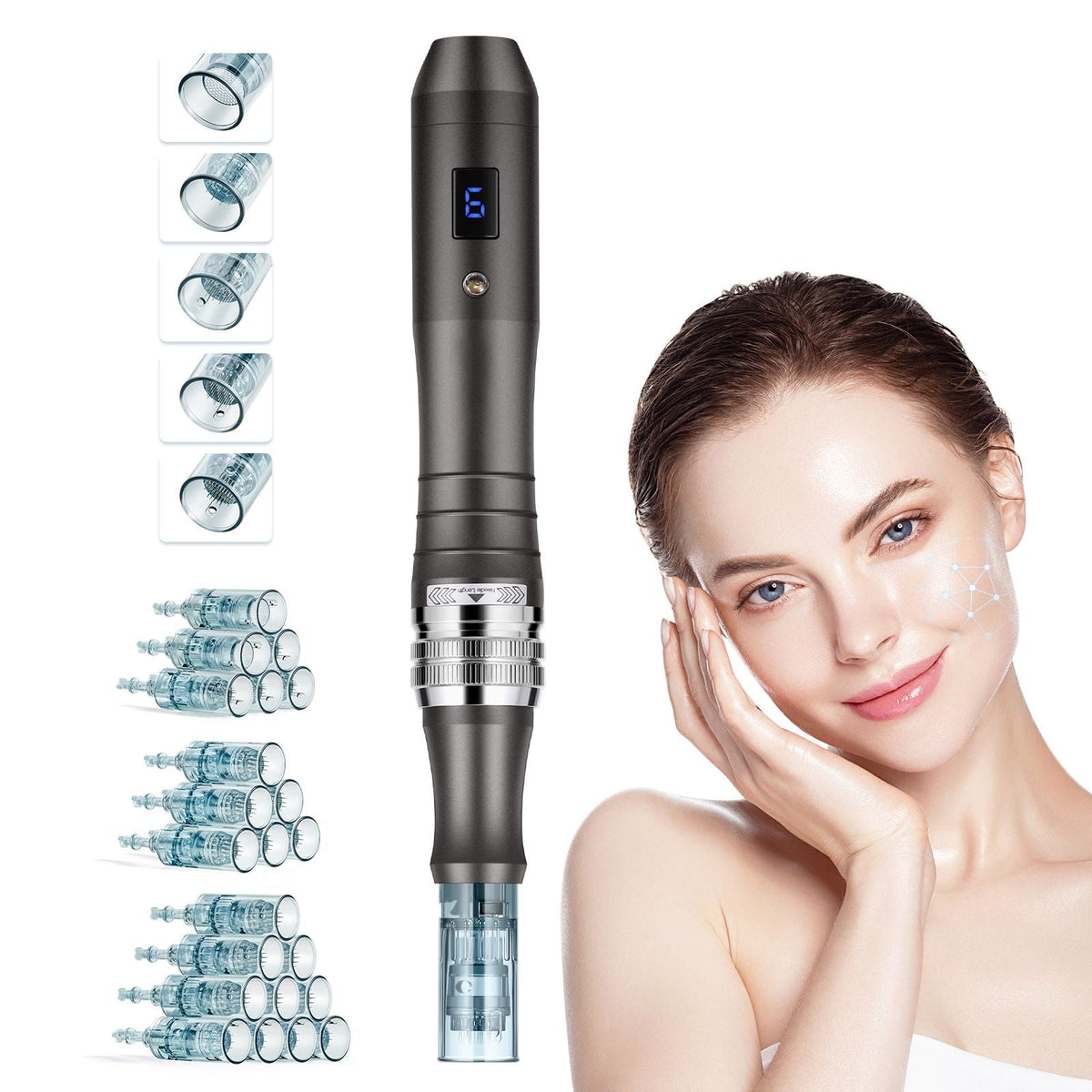 Professional Microneedling Pen, Electric Derma Pen with 22PCS Disposable Cartridges, 6 Variable Speed Skin Care Beauty Device with LCD Display and 0-2.5mm Adjustable Needle Length