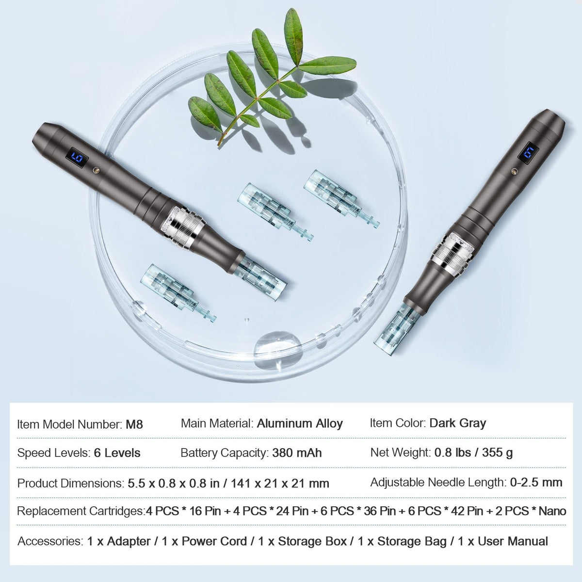 Professional Microneedling Pen, Electric Derma Pen with 22PCS Disposable Cartridges, 6 Variable Speed Skin Care Beauty Device with LCD Display and 0-2.5mm Adjustable Needle Length