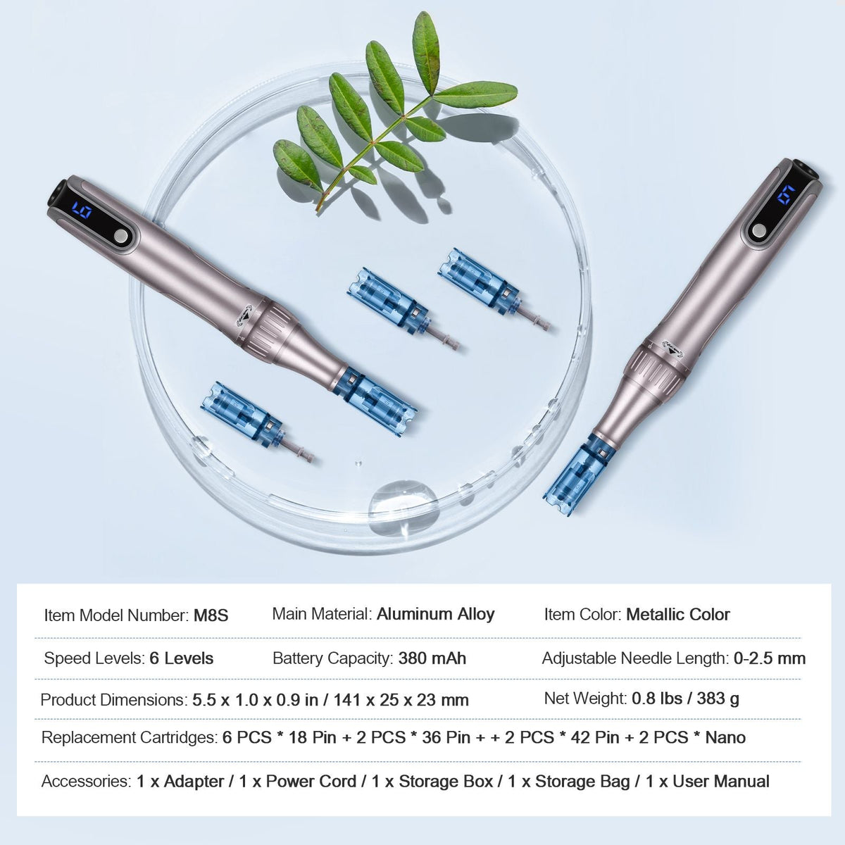 Professional Microneedling Pen M8S, Electric Derma Pen with 12PCS Anti-Backflow Cartridges, 6 Variable Speed Skin Care Beauty Device with LCD Display and 0-2.5mm Adjustable Needle Length