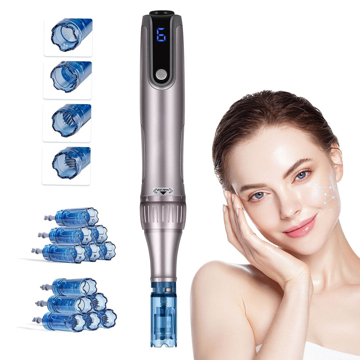 Professional Microneedling Pen M8S, Electric Derma Pen with 12PCS Anti-Backflow Cartridges, 6 Variable Speed Skin Care Beauty Device with LCD Display and 0-2.5mm Adjustable Needle Length