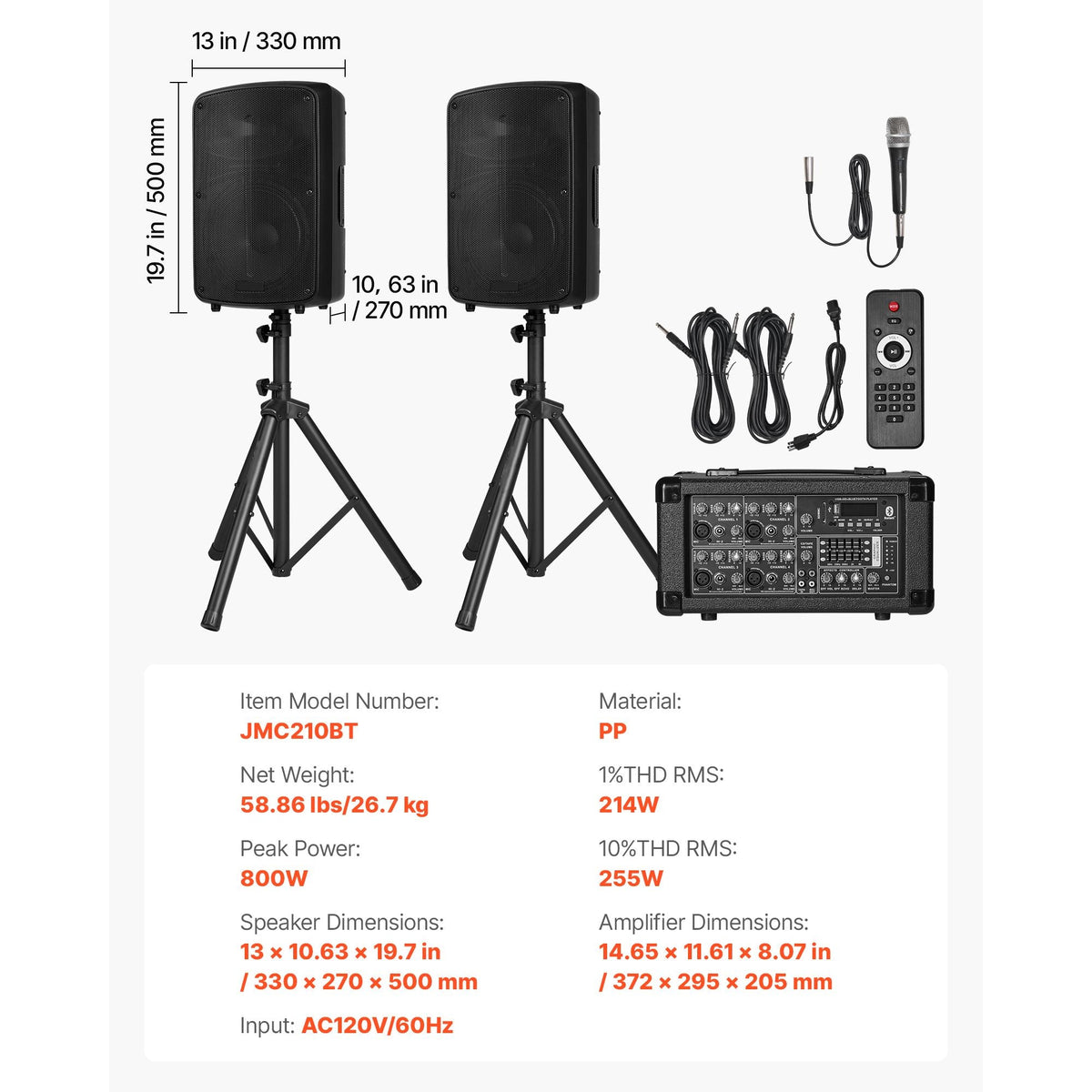 Professional PA System, 800W Powered, Sound System Set with 6 Channel Mixer, Dual Speakers, Wireless Bluetooth, Microphone, Compact Stands, USB SD XLR Inputs, Remote Control, for DJs Events