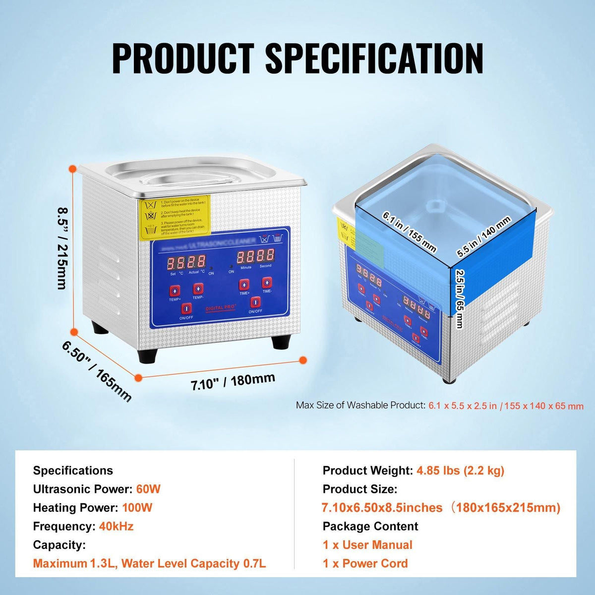 Professional Ultrasonic Cleaner, 0.3 L Ultrasonic Jewelry Cleaner with Digital Timer & Heater, Stainless Steel Industrial Sonic Cleaner 40kHz for Glasses, Watches, Rings, Small Parts