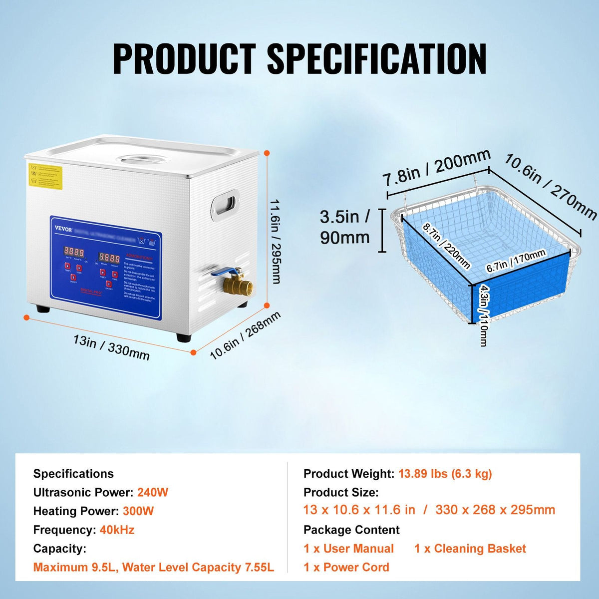 Professional Ultrasonic Cleaner, 10L Ultrasonic Jewelry Cleaner with Digital Timer & Heater, Stainless Steel Industrial Sonic Cleaner 40kHz for Glasses, Watches, Rings, Small Parts