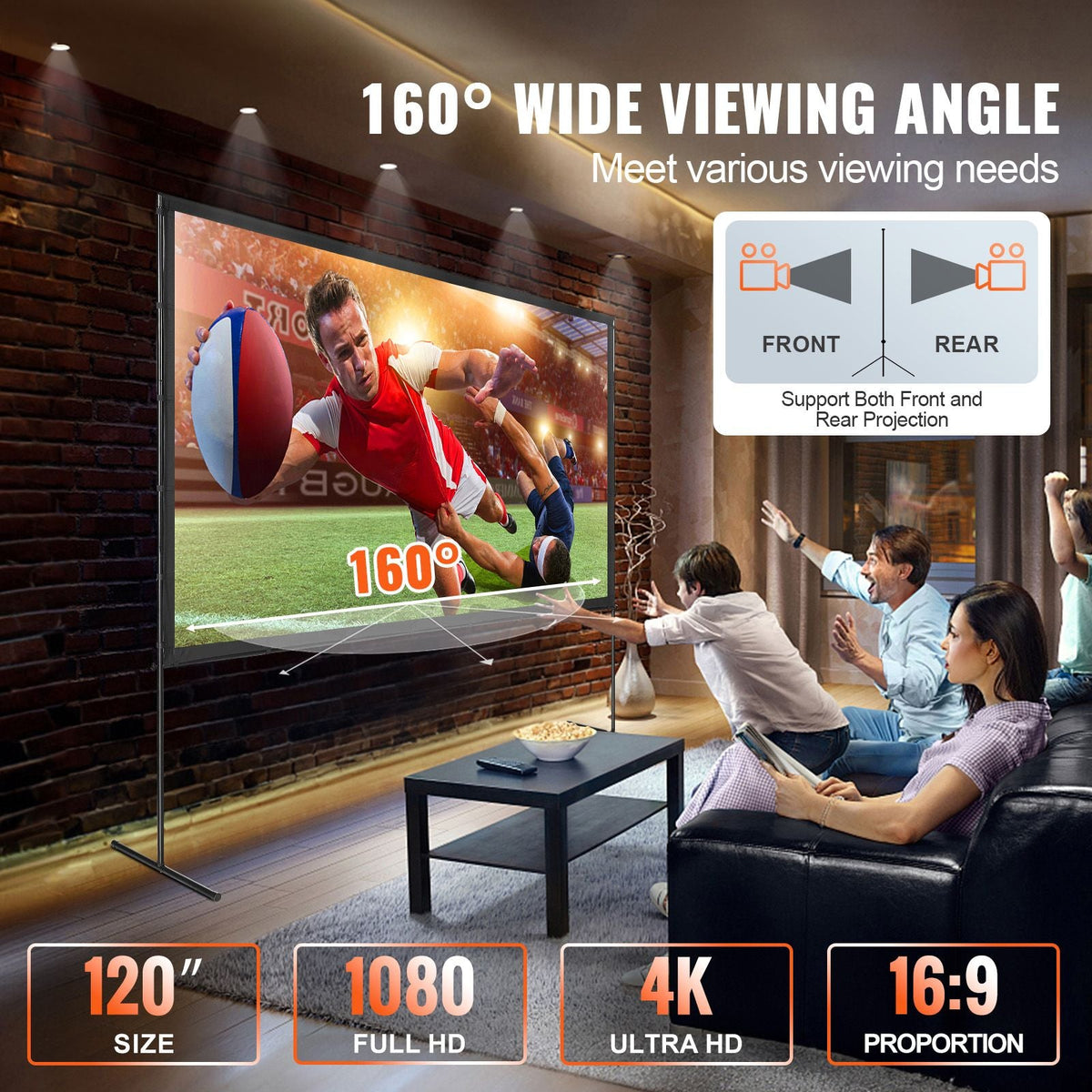 Projector Screen with Stand, 120 inch 16:9 4K 1080 HD Outdoor Movie Screen with Stand, Wrinkle-Free Projection Screen with Bar Feet and Carry Bag, for Home Theater Cinema Backyard Movie Night