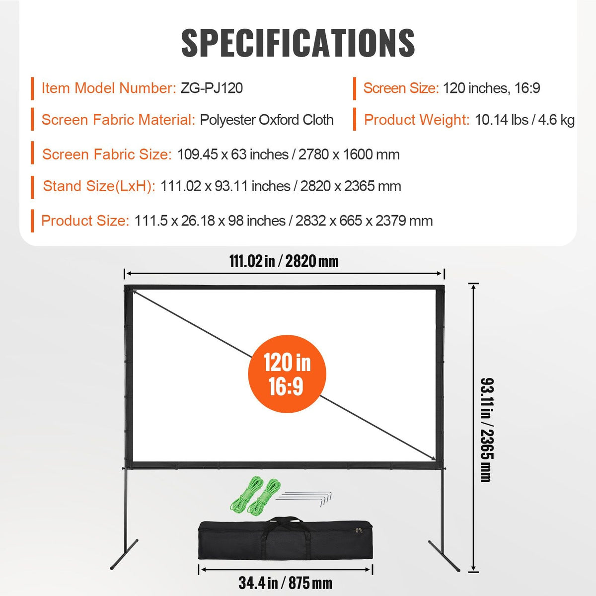 Projector Screen with Stand, 120 inch 16:9 4K 1080 HD Outdoor Movie Screen with Stand, Wrinkle-Free Projection Screen with Bar Feet and Carry Bag, for Home Theater Cinema Backyard Movie Night