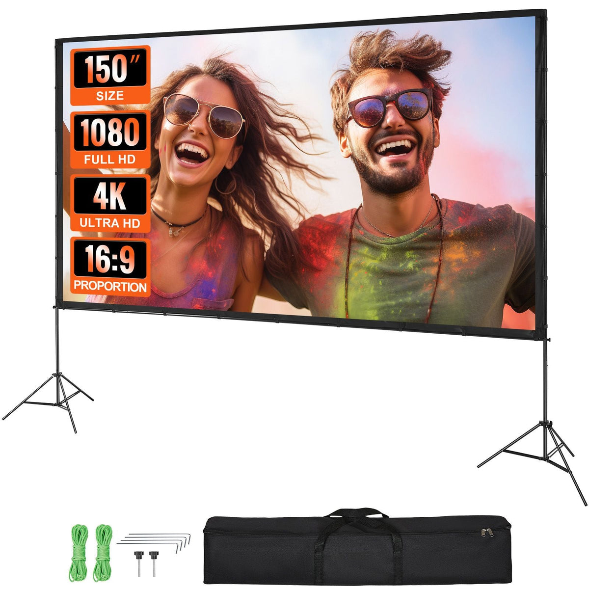 Projector Screen with Stand, 150 inch 16:9 4K 1080 HD Outdoor Movie Screen with Stand, Wrinkle-Free Projection Screen with Tripods and Carry Bag, for Home Theater Cinema Backyard Movie Night