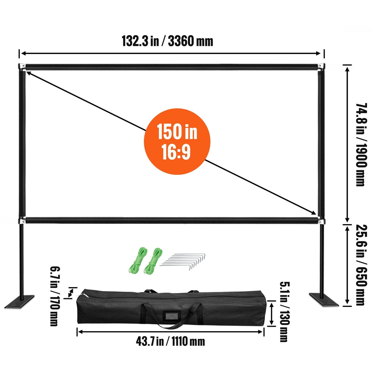 Projector Screen with Stand 150inch Portable Movie Screen 16:9 4K HD Wide Angle Outdoor Projector Screen Stand Easy Assembly with Storage Bag for Home Theater Office Outdoor Use
