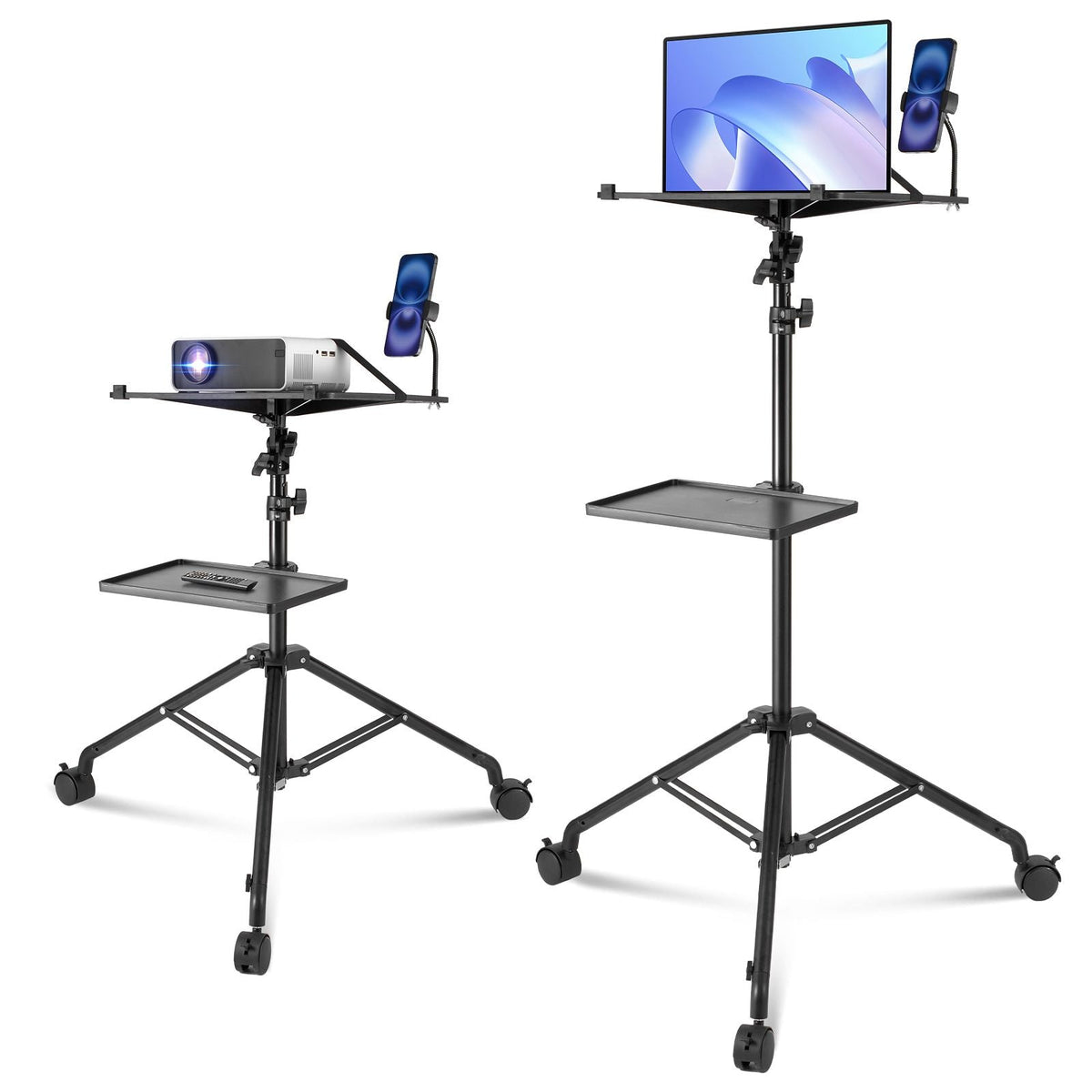 Projector Stand with Wheels, Laptop Stand Tripod Adjustable Height from 31.3 to 67.3", Projector Tripod Stand with 2 Trays & Gooseneck Phone Holder, for Outdoor Movies, Home, Office or Studio