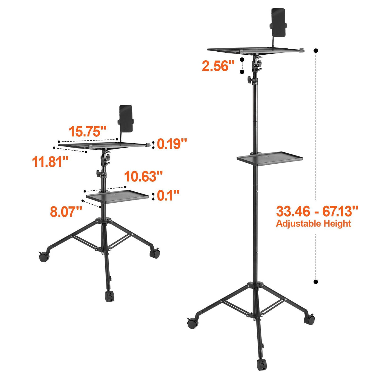 Projector Stand with Wheels, Laptop Stand Tripod Adjustable Height from 31.3 to 67.3", Projector Tripod Stand with 2 Trays & Gooseneck Phone Holder, for Outdoor Movies, Home, Office or Studio