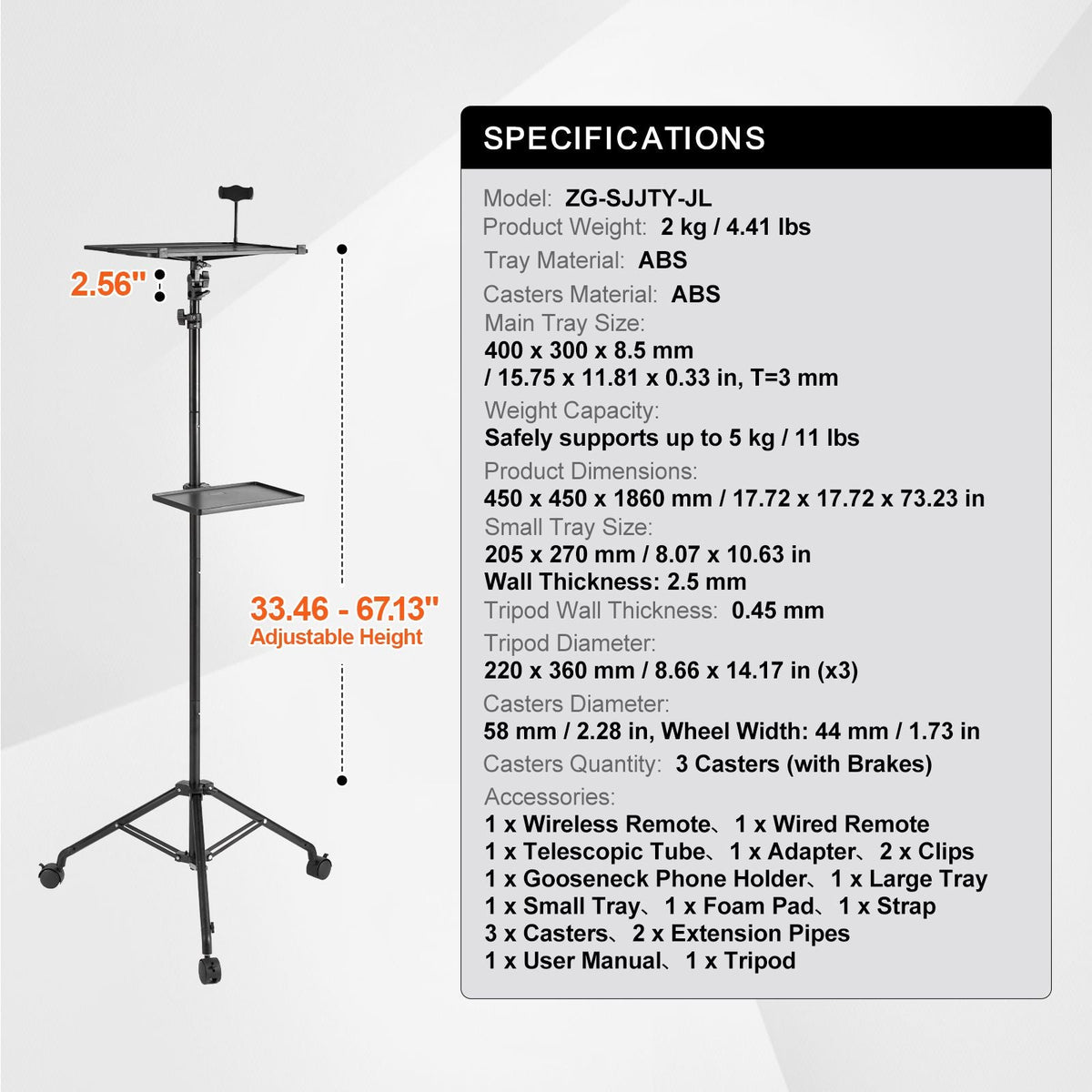 Projector Stand with Wheels, Laptop Stand Tripod Adjustable Height from 31.3 to 67.3", Projector Tripod Stand with 2 Trays & Gooseneck Phone Holder, for Outdoor Movies, Home, Office or Studio