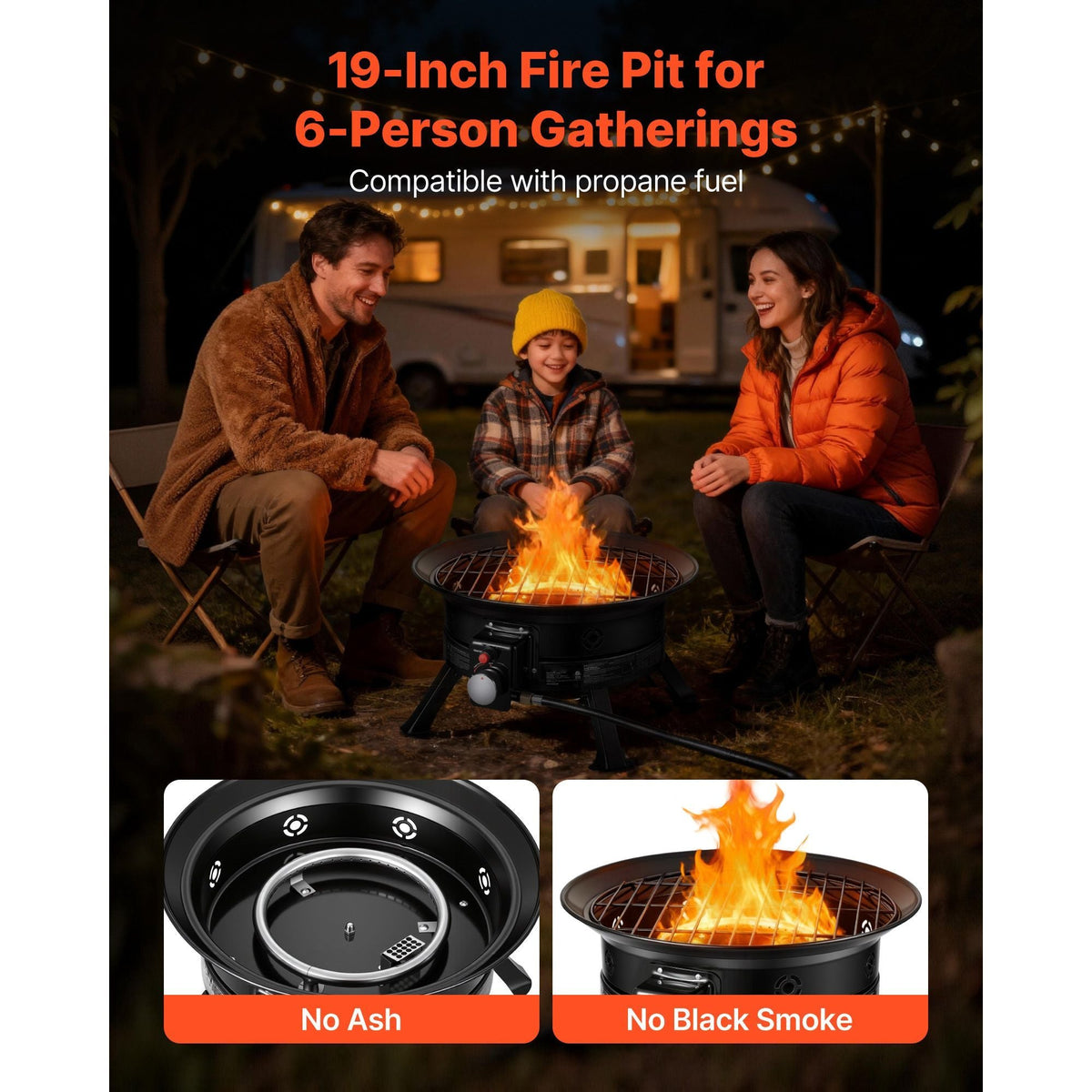 Propane Fire Pit 19-Inch, 53,000 BTU Portable Gas Fire Pit, with Grill Grate & Lava Rocks, Adjustable Flame, Folding Legs,Smokeless Outdoor Firebowl for Camping, Patio, Backyard, Deck, RV, Black