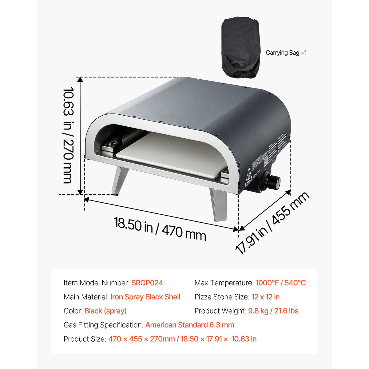 Propane Outdoor Pizza Oven, 12 Inch Gas Pizza Maker, Portable Pizza-Cooker with Thickened Pizza-Stone, Carry Bag, Pizza-Oven for Outside Backyard Patio Camping, Black