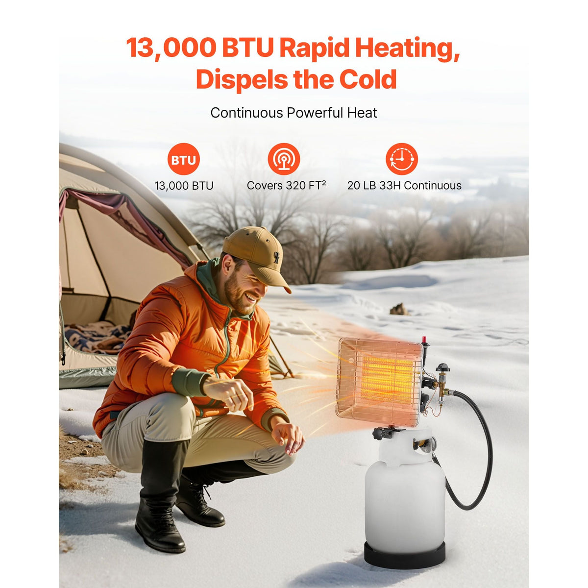 Propane Tank Top Heater, 13000 BTU Rapid Heating 180-Degree Infrared Radiant Tank Top Gas Heater, Stepless Temperature Adjustment for Ice Fishing/ Hunting/Outdoor Work, Single Burner Square