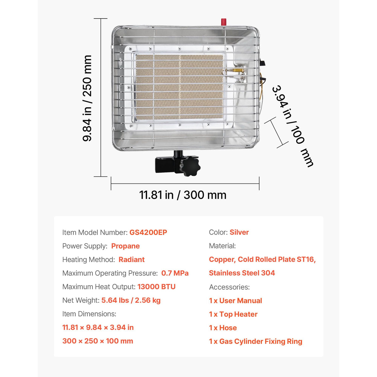 Propane Tank Top Heater, 13000 BTU Rapid Heating 180-Degree Infrared Radiant Tank Top Gas Heater, Stepless Temperature Adjustment for Ice Fishing/ Hunting/Outdoor Work, Single Burner Square