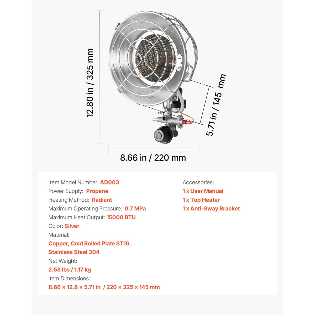 Propane Tank Top Heater, 15000 BTU Rapid Heating 180-Degree Infrared Radiant Tank Top Gas Heater, Stepless Temperature Adjustment for Ice Fishing/ Hunting/Outdoor Work, Single Burner Round