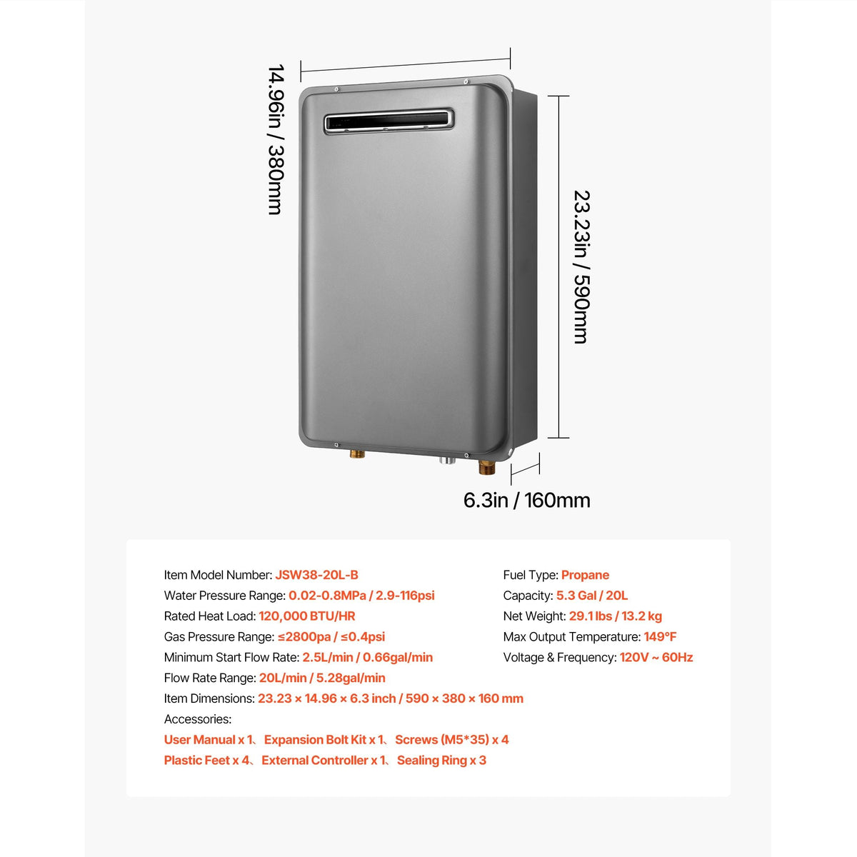 Propane Tankless Water Heater, 5.3Gal Outdoor 120000 BTU Instant Hot Water Heater, Smart Temperature Control & 3/4 inch NPT Interface& Multiple Security Protections for Whole House, Silver Gray
