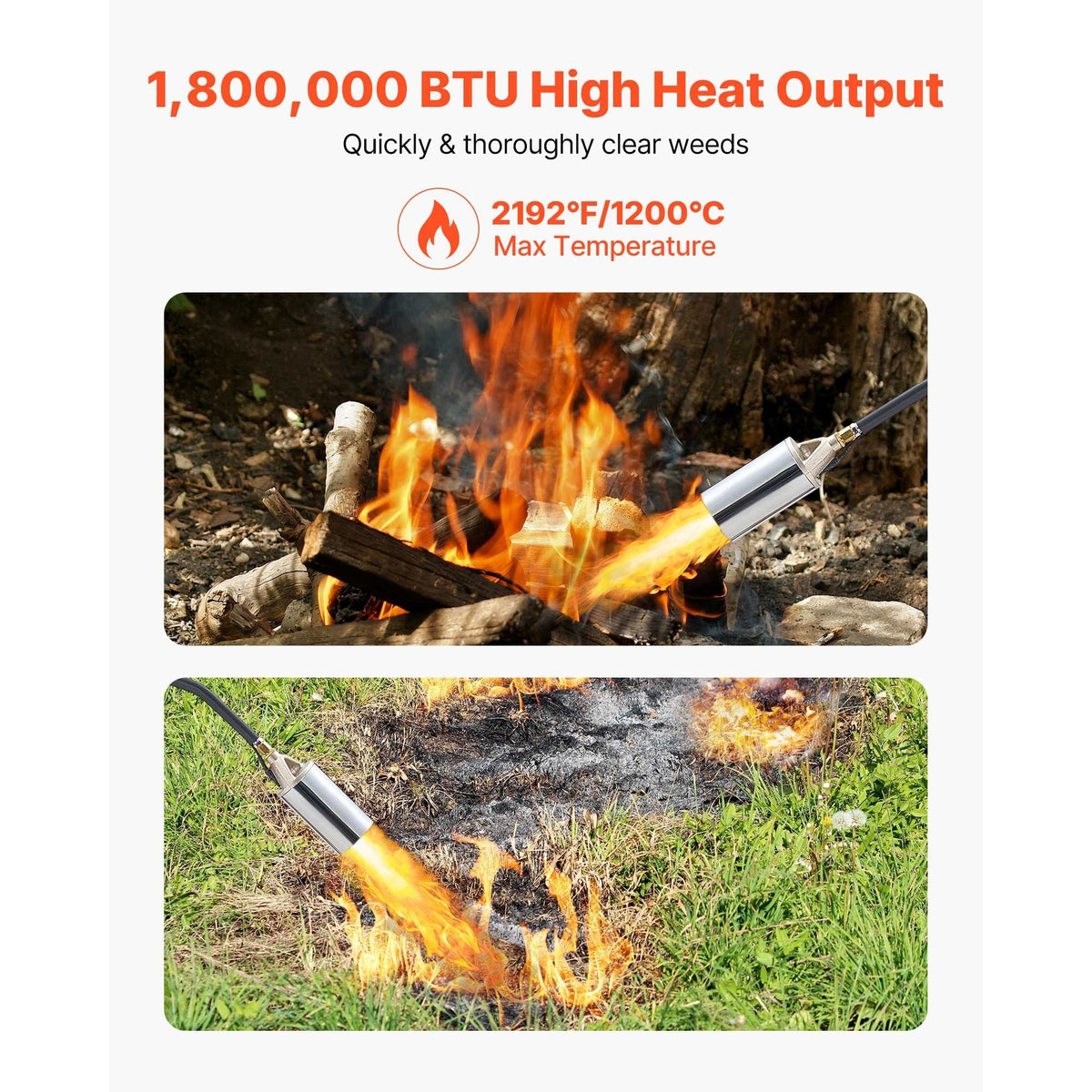 Propane Torch Weed Burner, High Output 1,800,000 BTU with 10 ft Hose, Heavy Duty Blow Torch with Adjustable Flame and Turbo Trigger Push Button Igniter, Flamethrower Kit for Garden Ice Snow Road