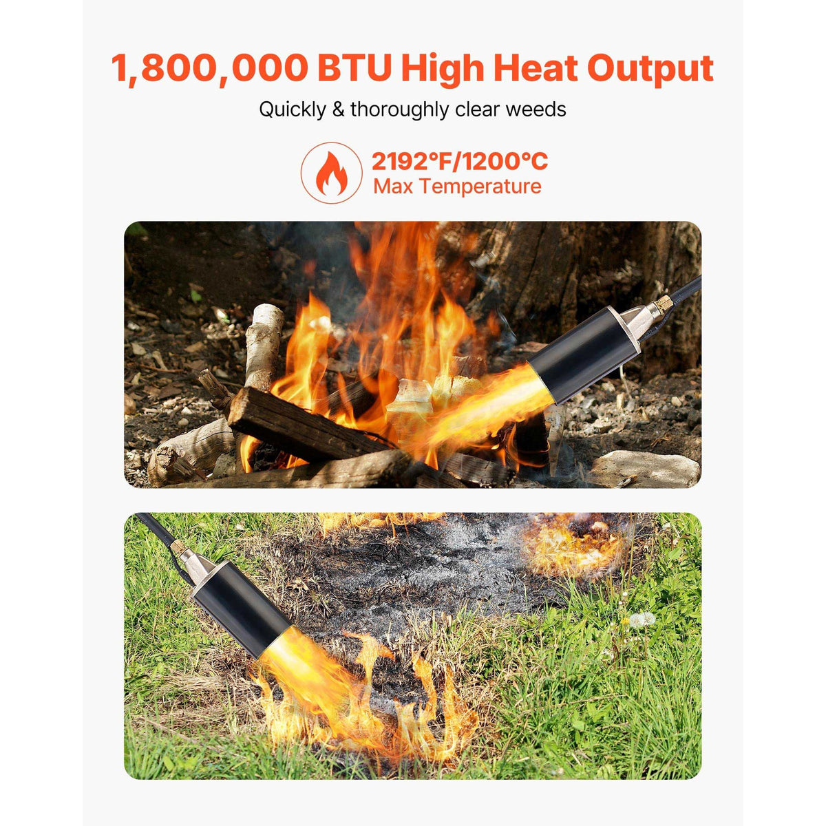 Propane Torch Weed Burner, High Output 1,800,000 BTU with 10 ft Hose, Heavy Duty Blow Torch with Adjustable Flame & Turbo Trigger Push Button Auto Igniter, Flamethrower for Garden Ice Snow Road