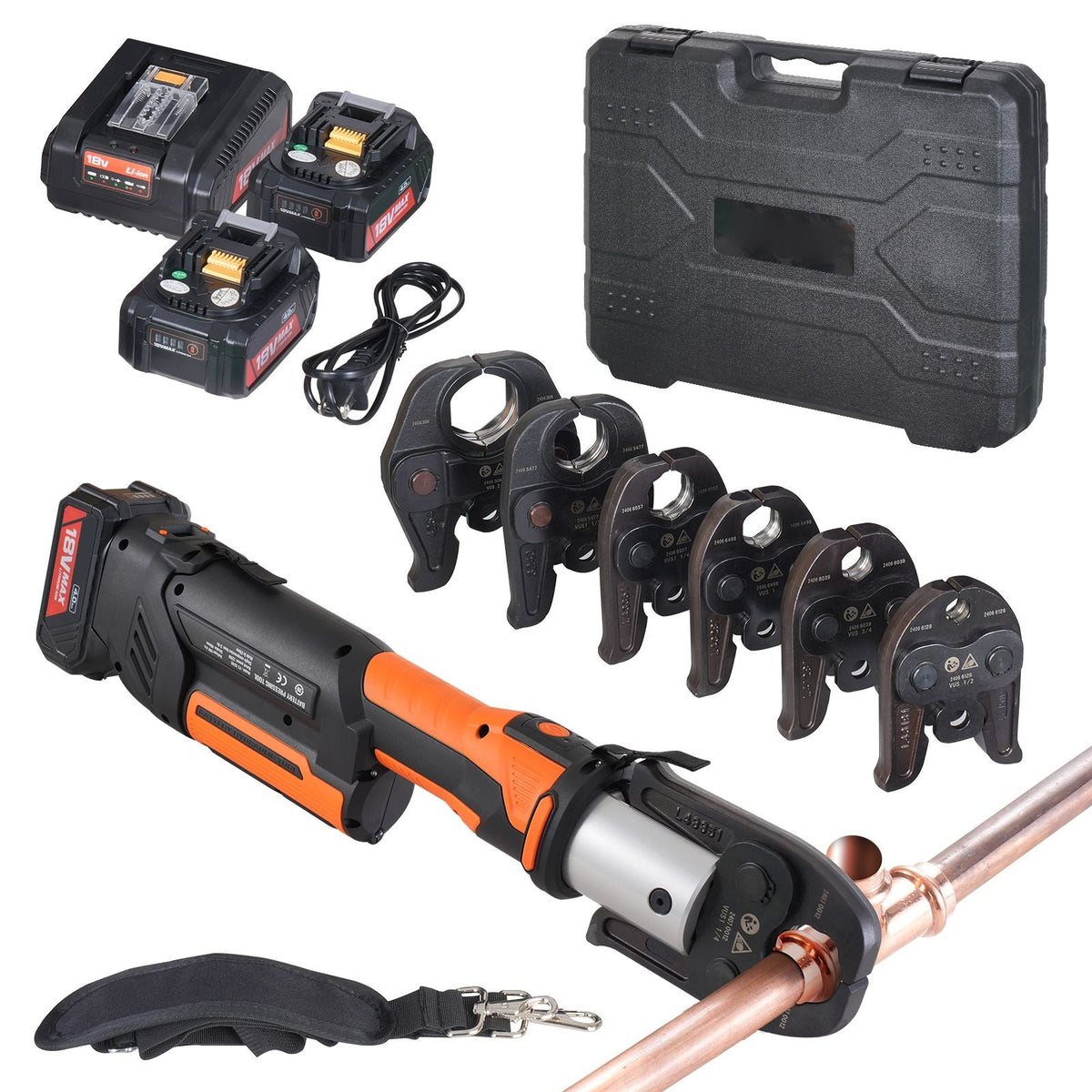 ProPress Tool, 18V Electric Pipe Crimping Tool for 1/2', 3/4', 1', 1 1/4", 1 1/2", 2" Copper Pipes, Press Tool Kit with Brushless Motor, 6 Pro Press Jaws, 2pcs 4AH Battery