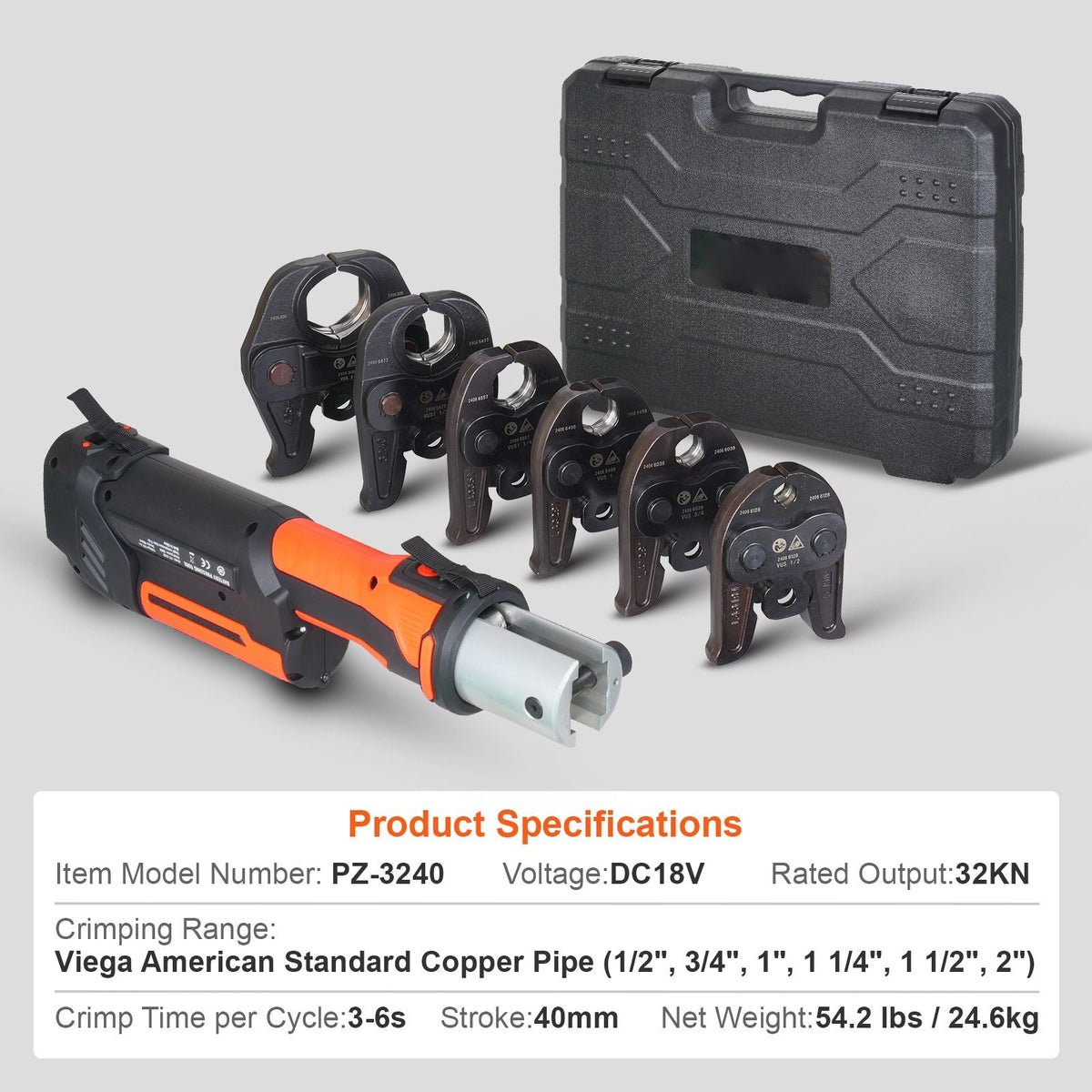 ProPress Tool, 18V Electric Pipe Crimping Tool for 1/2', 3/4', 1', 1 1/4", 1 1/2", 2" Copper Pipes, Press Tool Kit with Brushless Motor, 6 Pro Press Jaws, 2pcs 4AH Battery
