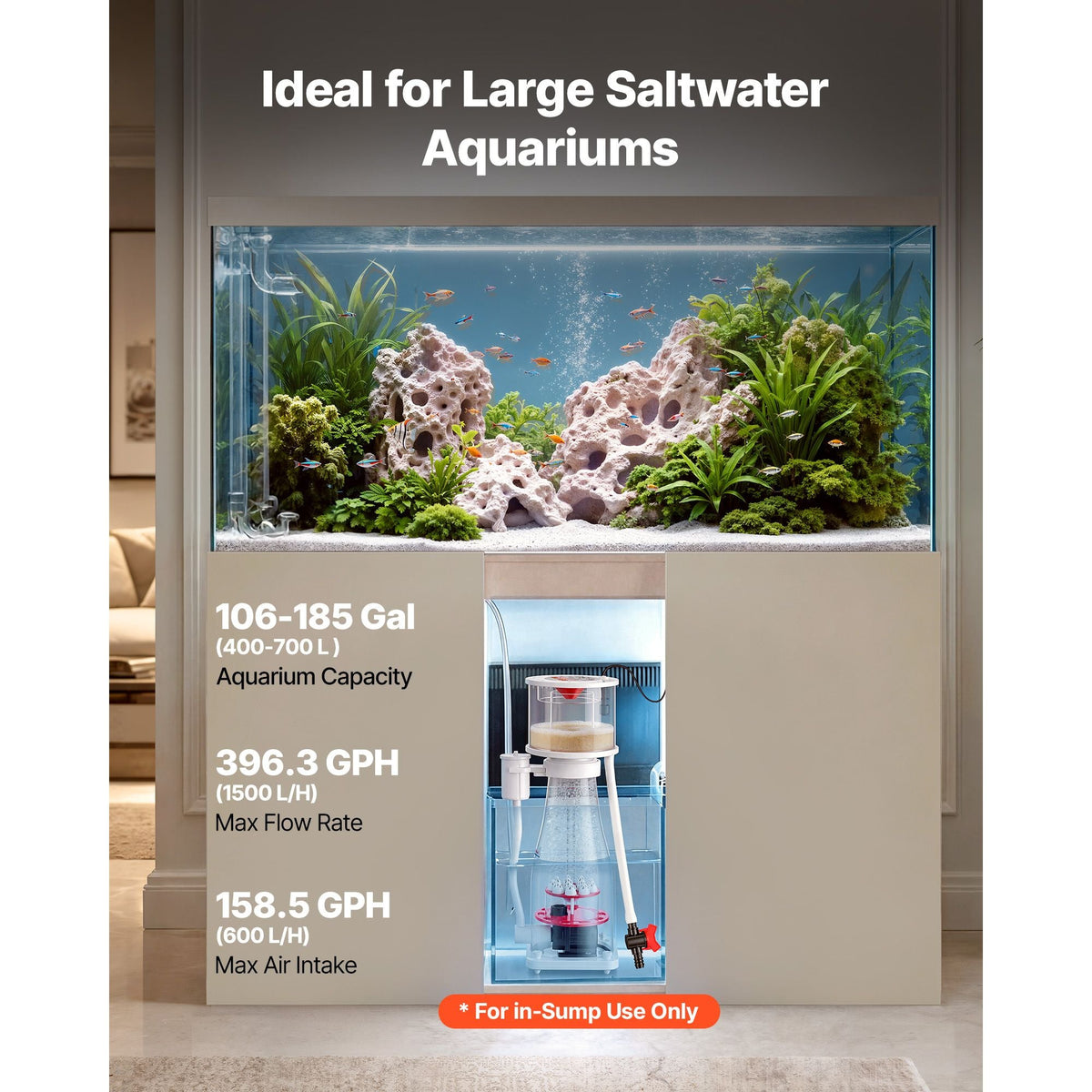 Protein Skimmer for 106-185 Gal Saltwater Aquariums In Sump with Pump, Protein Skimmer with DC Pinwheel Pump, Adjustable Control, for 106-185 Gal Saltwater Aquarium & Reef Tank, In Sump Use Only