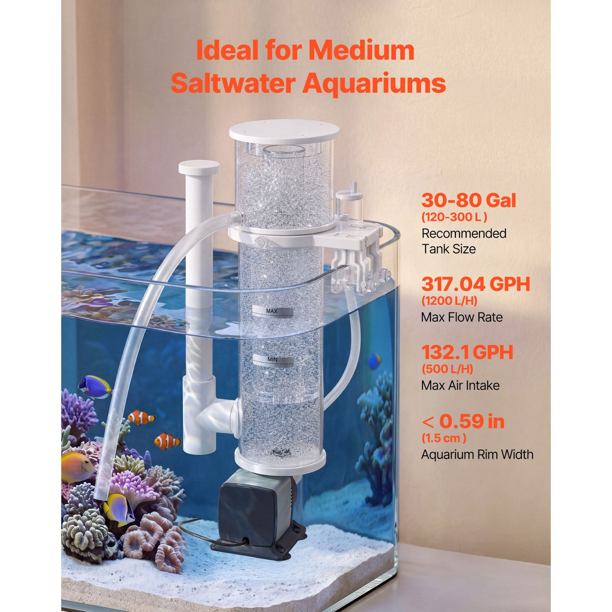 Protein Skimmer for 30-80 Gal Saltwater Aquarium Hang On with DC Pump, Protein Skimmer with DC Pinwheel Pump, Adjustable Control, for 30-80 Gal Medium Saltwater Aquariums & Reef Tank Fish Tank
