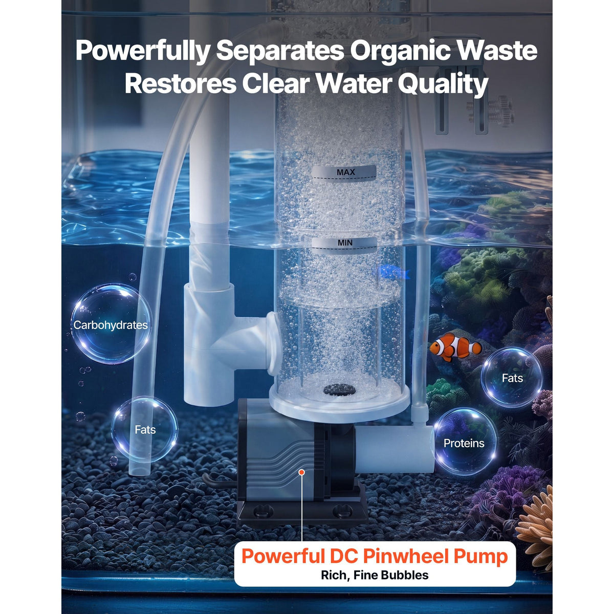 Protein Skimmer for 30-80 Gal Saltwater Aquarium Hang On with DC Pump, Protein Skimmer with DC Pinwheel Pump, Adjustable Control, for 30-80 Gal Medium Saltwater Aquariums & Reef Tank Fish Tank