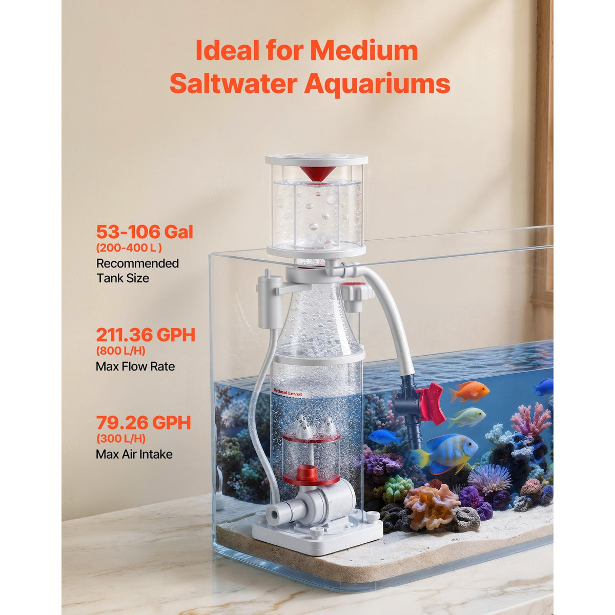 Protein Skimmer for 53-106 Gal Saltwater Aquariums Internal with Pump, Protein Skimmer with DC Pinwheel Pump, Adjustable Control, Air Silencer, for 53-106 Gallon Saltwater Aquariums & Reef Tank