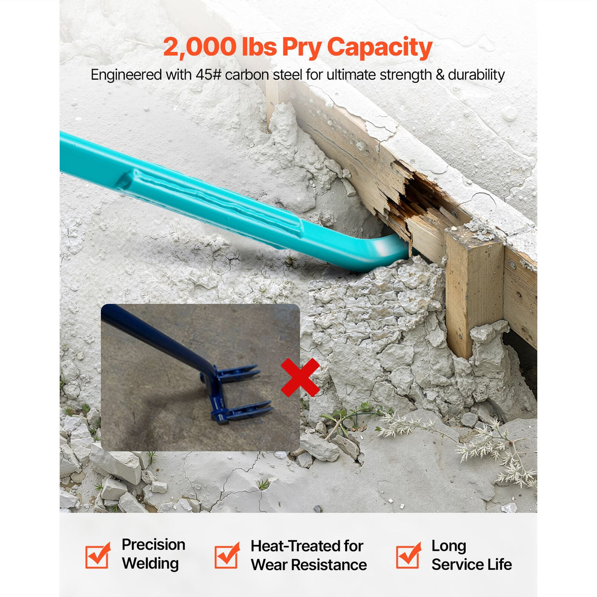 Prylever Bar, 2000 lbs Weight Capacity, 52.5 Inch Heavy Duty Carbon Steel Handle Pry Lever Bar, 56 Inch Long Crowbar for Concrete, Demolition, Crowbaring, Ideal for Construction & Industrial Use