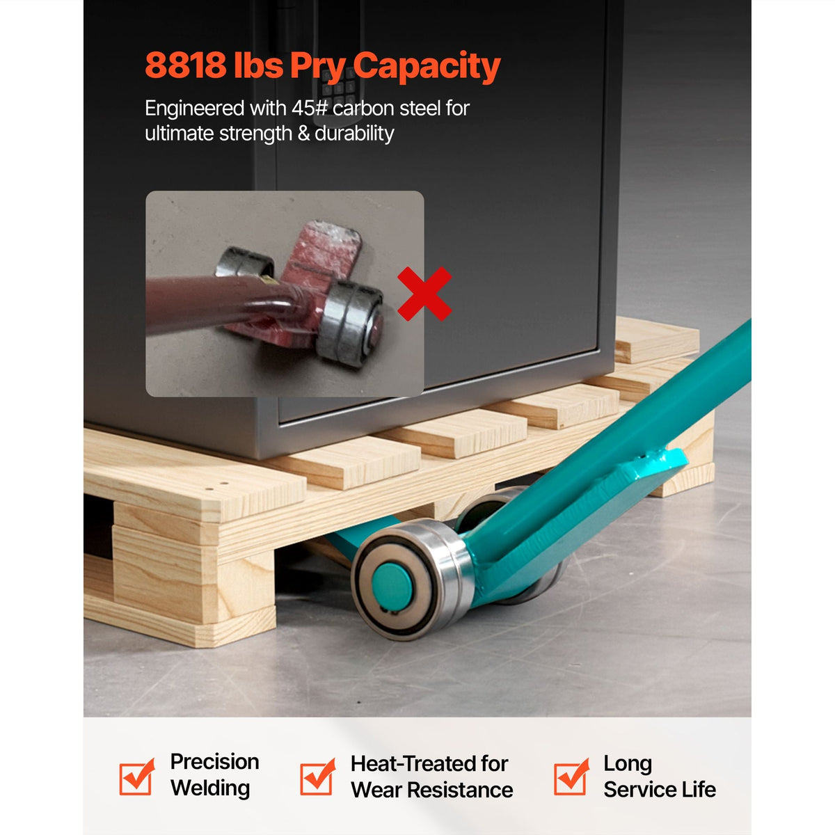 Prylever Bar, 8818 lbs Weight Capacity, 56.5 Inch Carbon Steel Handle Lever Dolly, Pry Lever Bar with Wheels for Large Pallets, Heavy Items, Concrete Blocks, Heavy Duty Equipment Handling