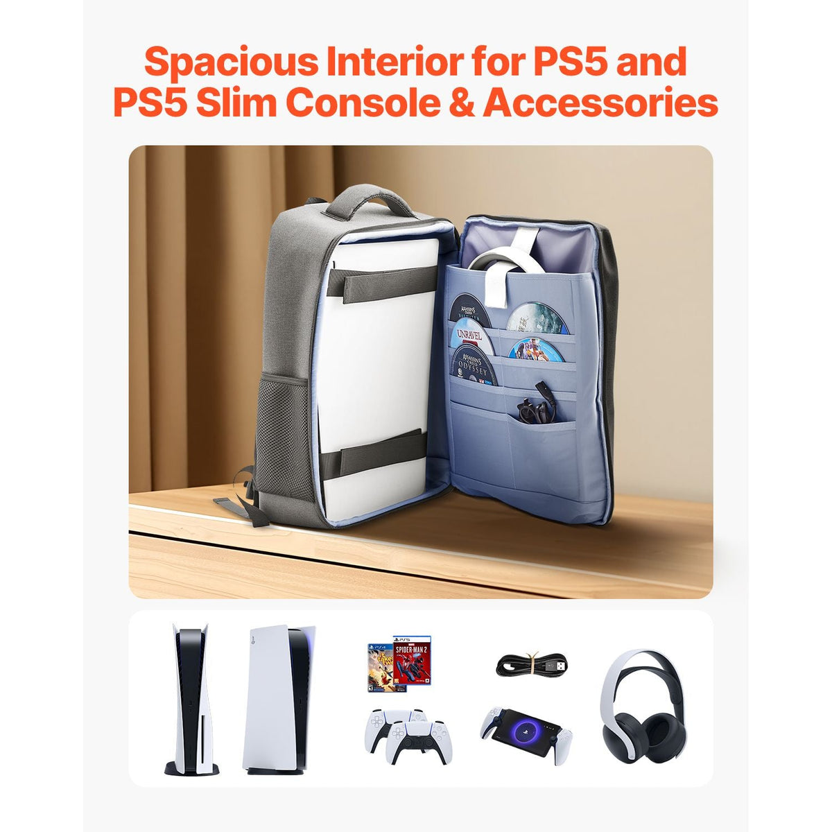 PS5 Backpack, Dual Shoulder Travel Bag for Playstation 5 & PS5 Slim Waterproof Nylon, Soft Interior Lining & Padded Dividers for Extra Protection, Spacious Design with Carry Handle for Storage