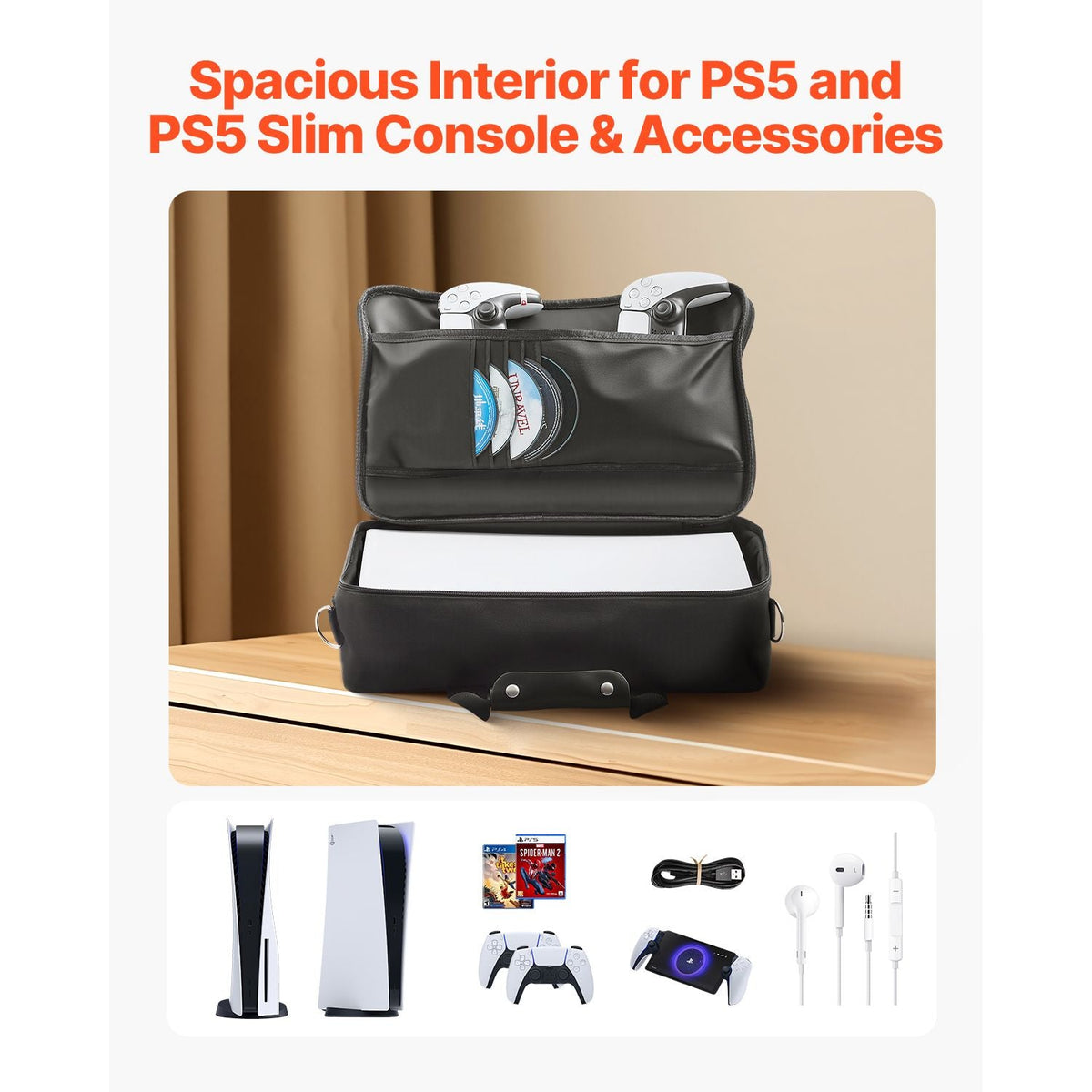 PS5 Carrying Case, Travel Bag for Playstation 5 & PS5 Slim Waterproof Nylon, Soft Interior Lining & Padded Dividers for Extra Protection, Spacious Design with Carry Handle for Storage, Home