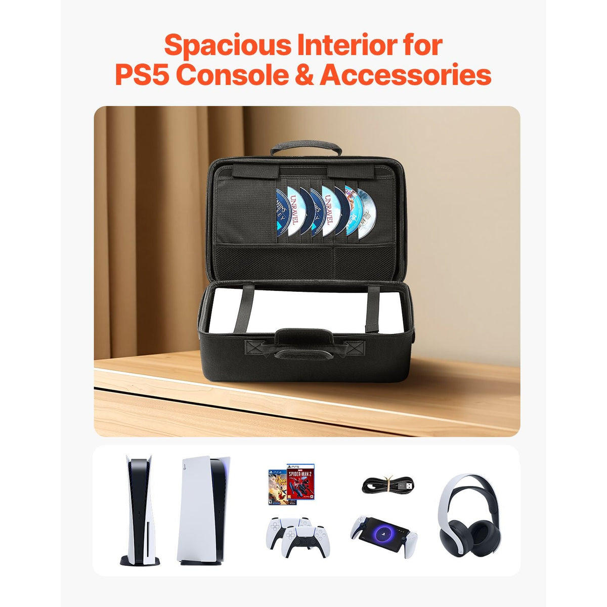 PS5 Carrying Case, Travel Bag for Playstation 5 Shockproof EVA, Soft Interior Lining & Padded Dividers for Extra Protection, Spacious Design with Carry Handle for Storage, Home & Party