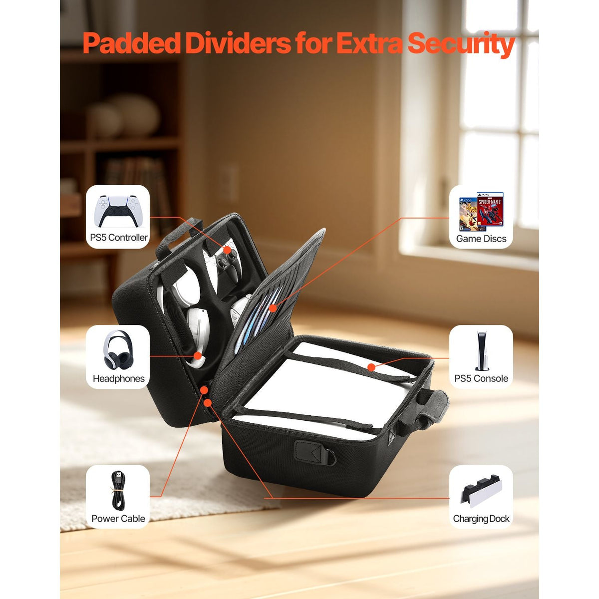 PS5 Carrying Case, Travel Bag for Playstation 5 Shockproof EVA, Soft Interior Lining & Padded Dividers for Extra Protection, Spacious Design with Carry Handle for Storage, Home & Party