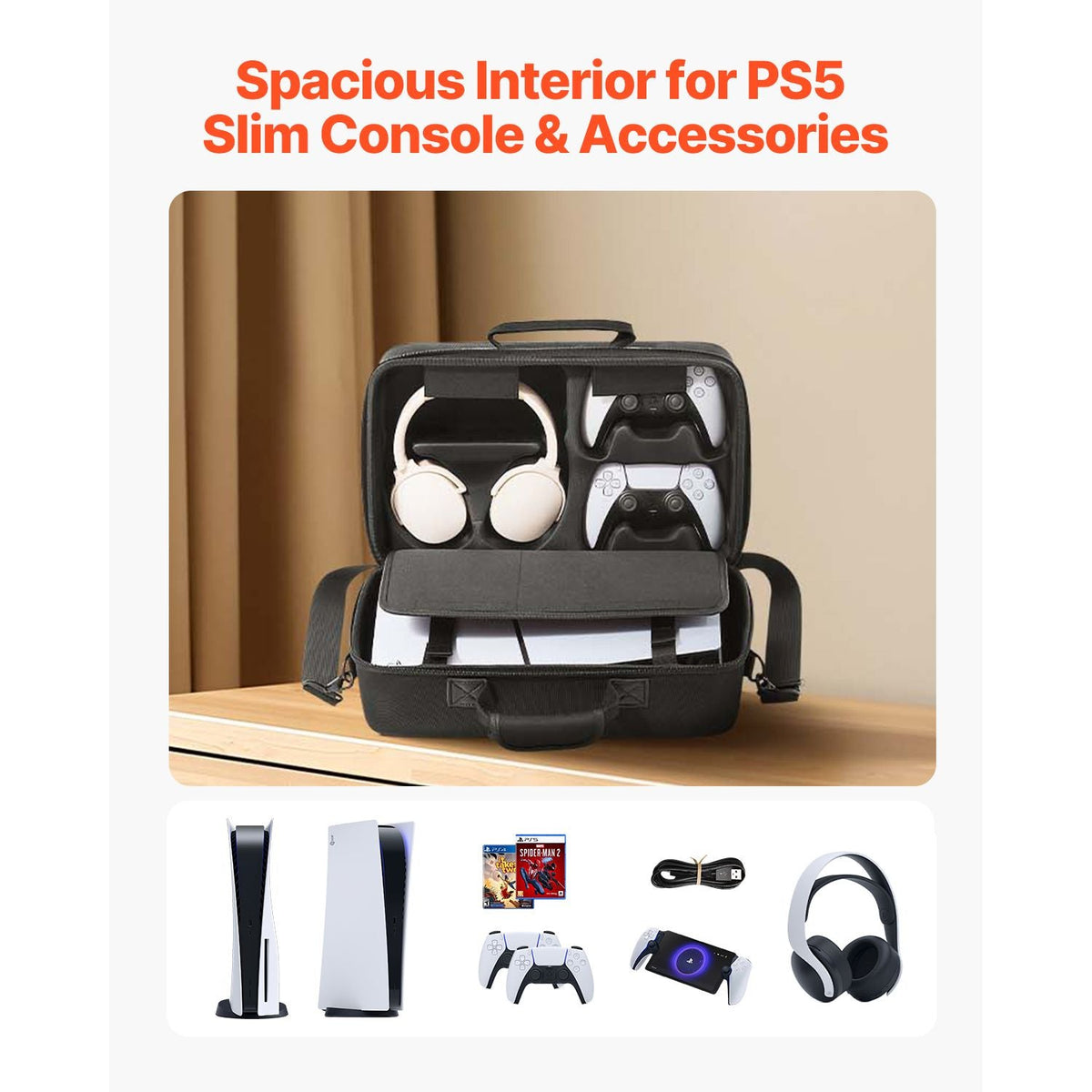 PS5 Carrying Case, Travel Bag for Playstation 5 Slim Shockproof EVA, Soft Interior Lining & Padded Dividers for Extra Protection, Spacious Design with Carry Handle for Storage, Home & Party