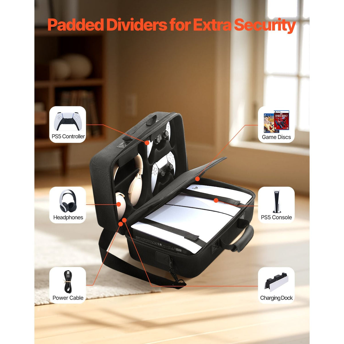 PS5 Carrying Case, Travel Bag for Playstation 5 Slim Shockproof EVA, Soft Interior Lining & Padded Dividers for Extra Protection, Spacious Design with Carry Handle for Storage, Home & Party