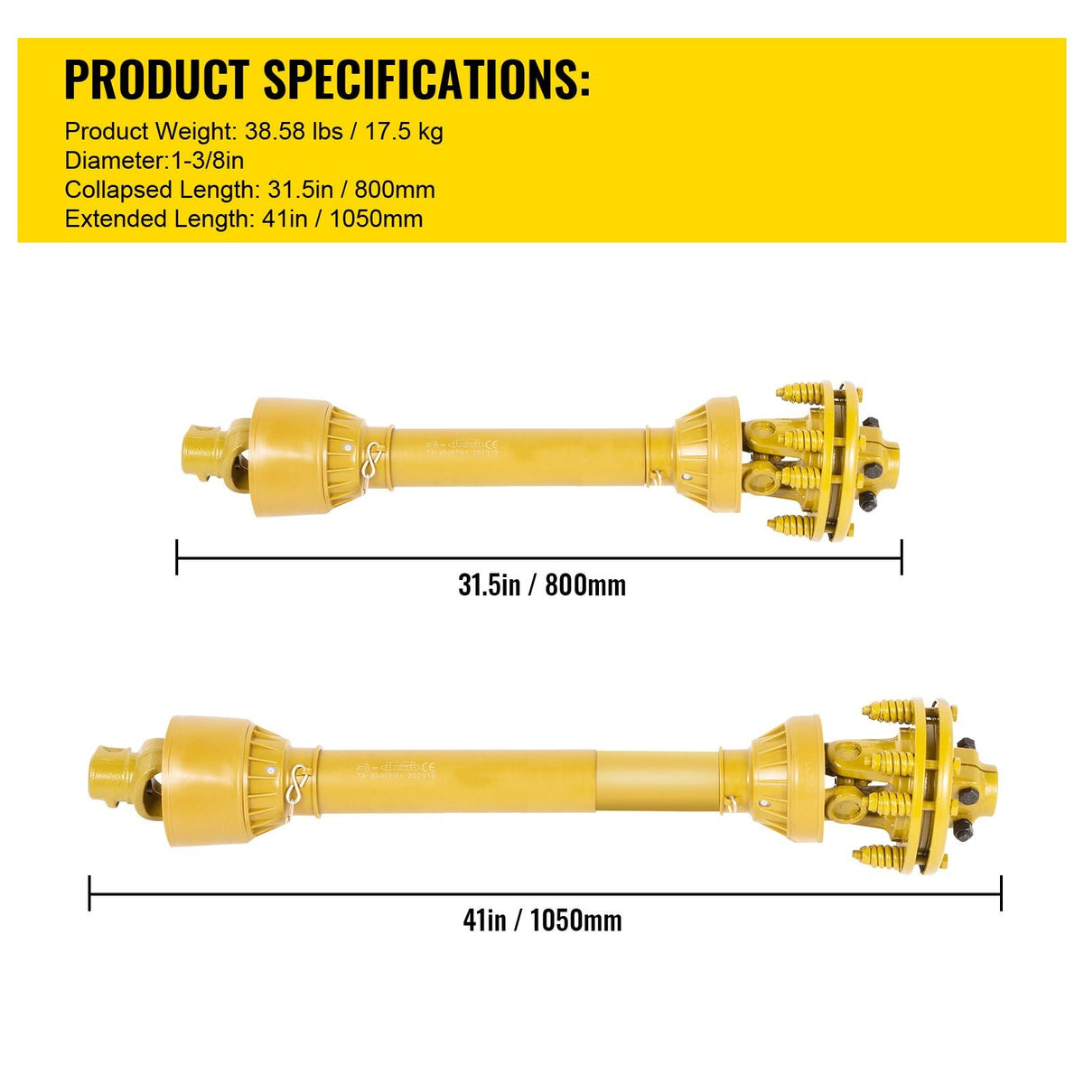 PTO Shaft, 1-3/8\" PTO Drive Shaft, 6 Spline Both Ends PTO Driveline Shaft, Series 4 Tractor PTO Shaft, 31.5\"-41\" Brush Hog PTO Shaft, Yellow PTO Shaft with Slip Clutch for Bush Hog/Finish Mow