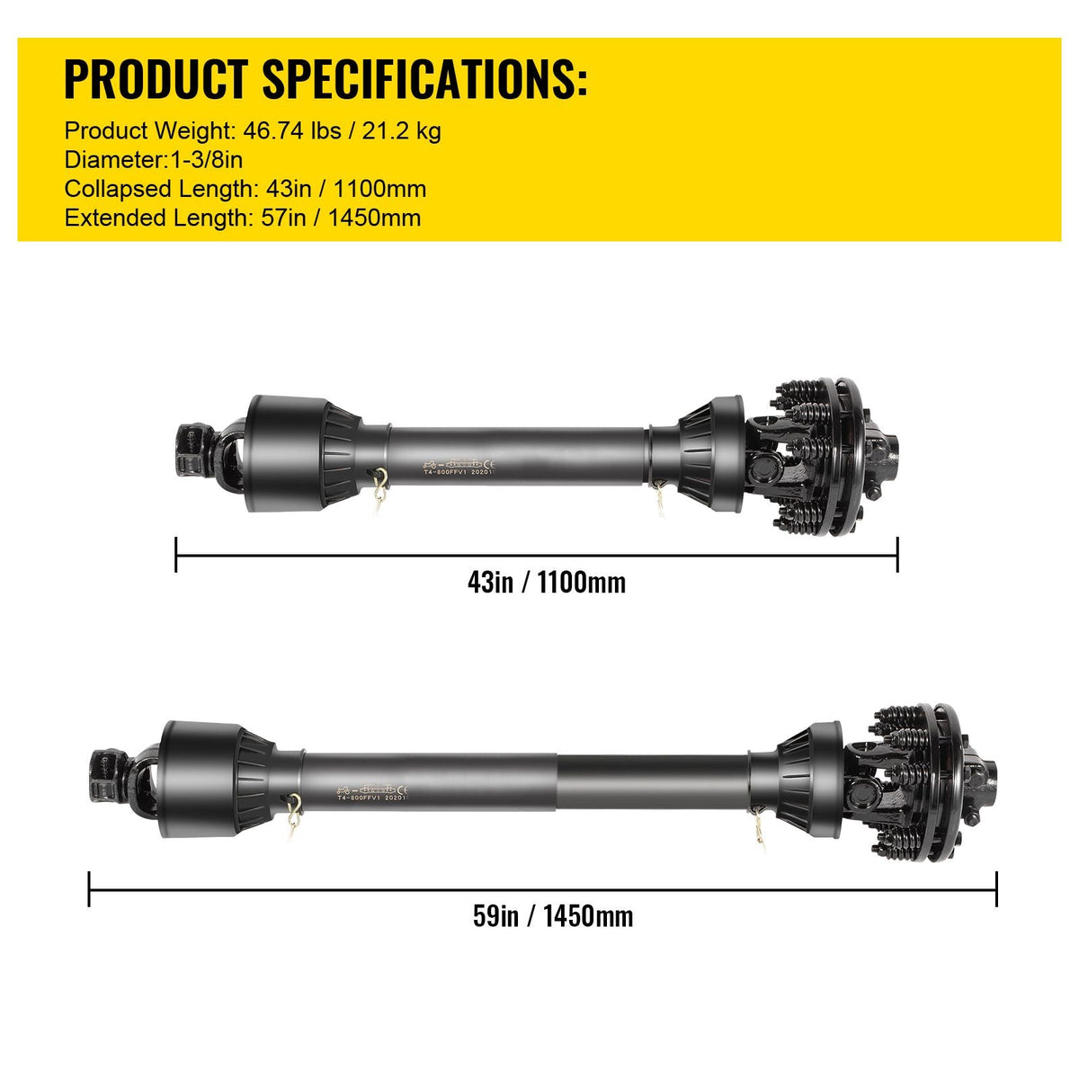 PTO Shaft, 1-3/8\" PTO Drive Shaft, 6 Spline Both Ends PTO Driveline Shaft, Series 5 Tractor PTO Shaft, 43\"-57\" Brush Hog PTO Shaft, Black PTO Shaft with Slip Clutch for Bush Hog/Finish Mower