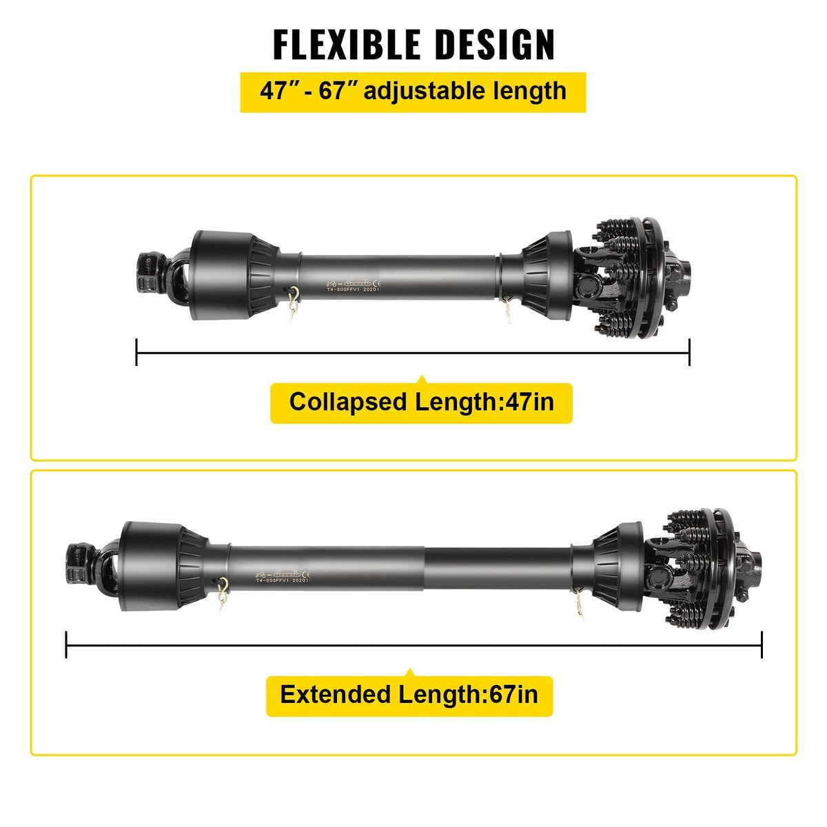 PTO Shaft, 1-3/8' PTO Drive Shaft, 6 Spline Both Ends PTO Driveline Shaft, Series 6 Tractor PTO Shaft, 47'-67' Brush Hog PTO Shaft, Black PTO Shaft with Slip Clutch for Bush Hog/Finish Mower