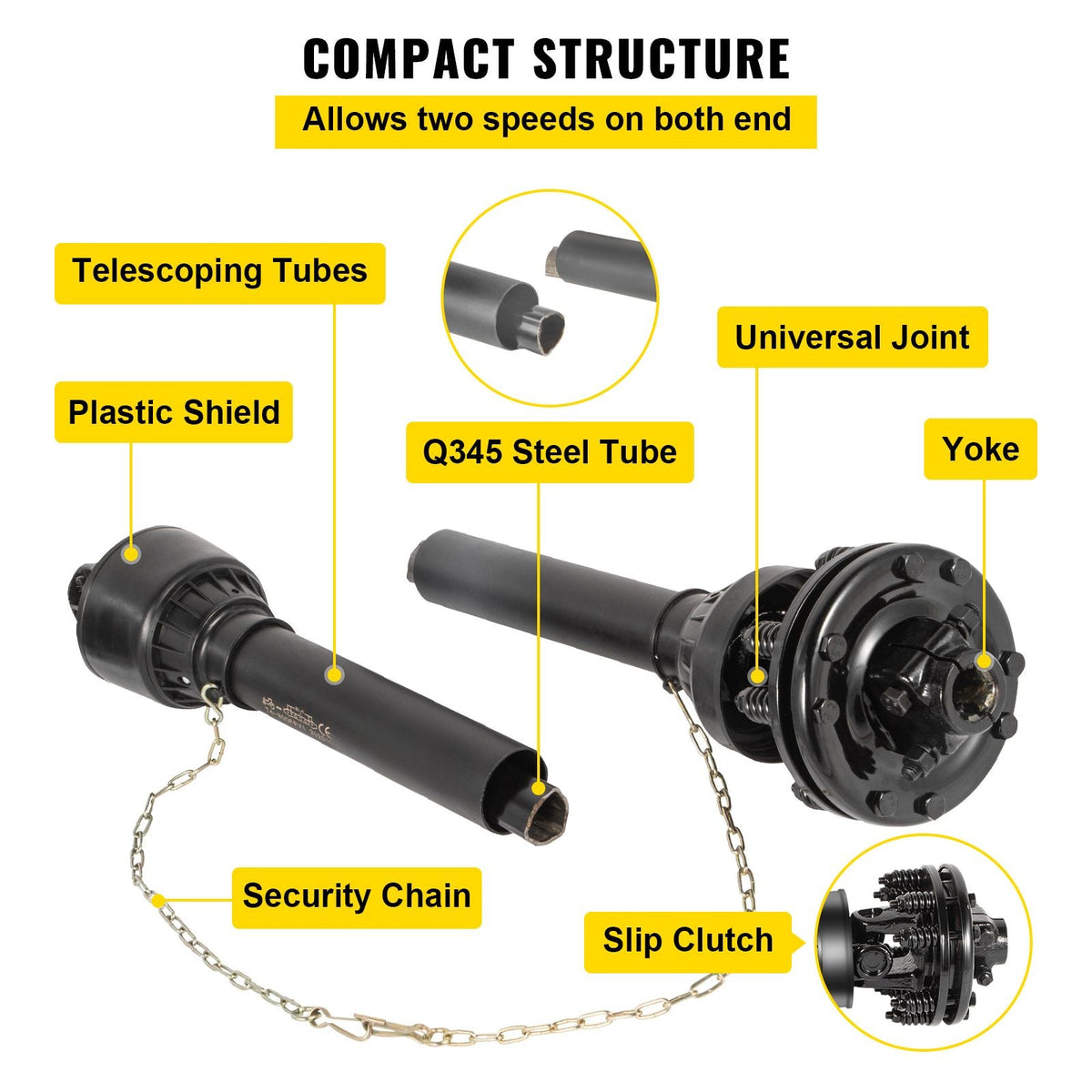 PTO Shaft, 1-3/8' PTO Drive Shaft, 6 Spline Both Ends PTO Driveline Shaft, Series 6 Tractor PTO Shaft, 47'-67' Brush Hog PTO Shaft, Black PTO Shaft with Slip Clutch for Bush Hog/Finish Mower