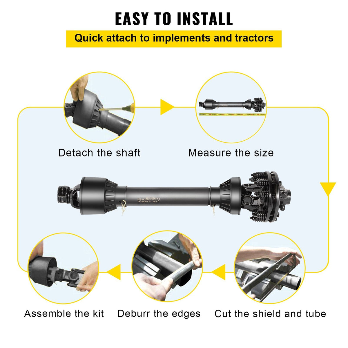 PTO Shaft, 1-3/8' PTO Drive Shaft, 6 Spline Both Ends PTO Driveline Shaft, Series 6 Tractor PTO Shaft, 47'-67' Brush Hog PTO Shaft, Black PTO Shaft with Slip Clutch for Bush Hog/Finish Mower