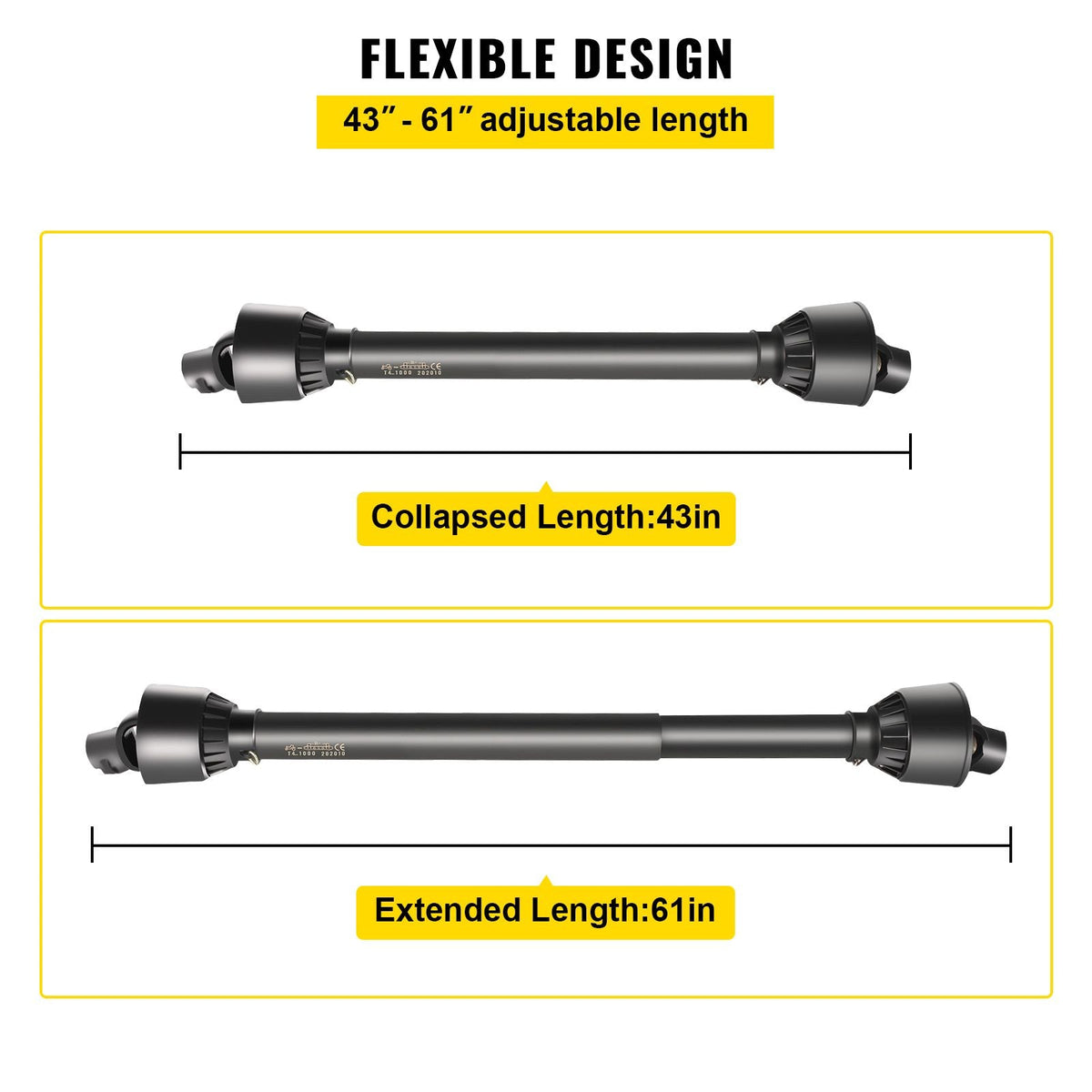 PTO Shaft, 1-3/8\" PTO Drive Shaft, 6 Spline Tractor, Round Implement Ends PTO Driveline Shaft, Series 4 Tractor PTO Shaft, 43\"-61\" Brush Hog PTO Shaft Black, for Finish Mower, Rotary Cutter