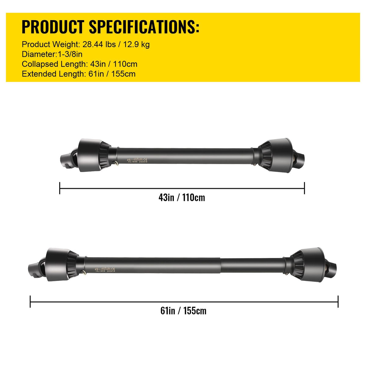 PTO Shaft, 1-3/8\" PTO Drive Shaft, 6 Spline Tractor, Round Implement Ends PTO Driveline Shaft, Series 4 Tractor PTO Shaft, 43\"-61\" Brush Hog PTO Shaft Black, for Finish Mower, Rotary Cutter