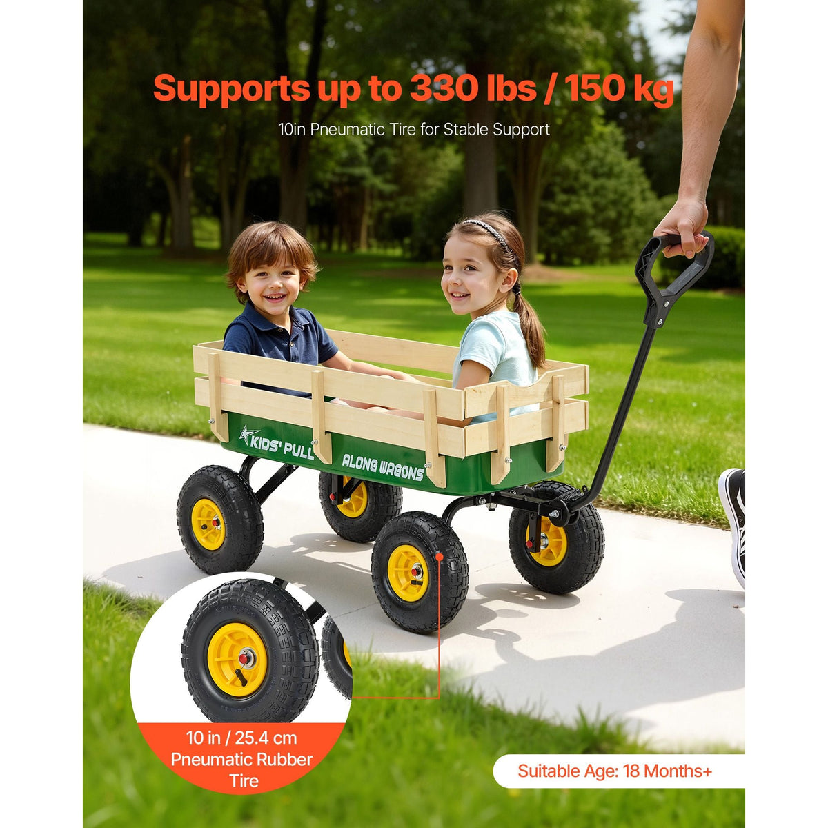 Pull-Along Wagon for Kids, 39 in Toddler Wagons with Foldable Wooden Panel & Handle, Supports up to 551 lbs, 10" All-Terrain Tires, Utility Wagon Cart Birthday Present for Kids Gardening Beach