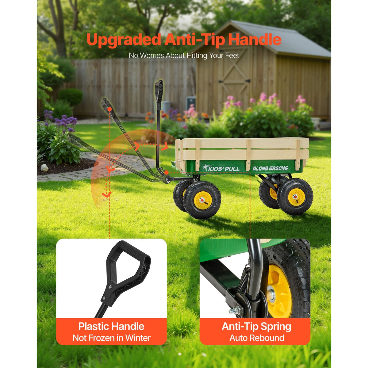 Pull-Along Wagon for Kids, 39 in Toddler Wagons with Foldable Wooden Panel & Handle, Supports up to 551 lbs, 10" All-Terrain Tires, Utility Wagon Cart Birthday Present for Kids Gardening Beach