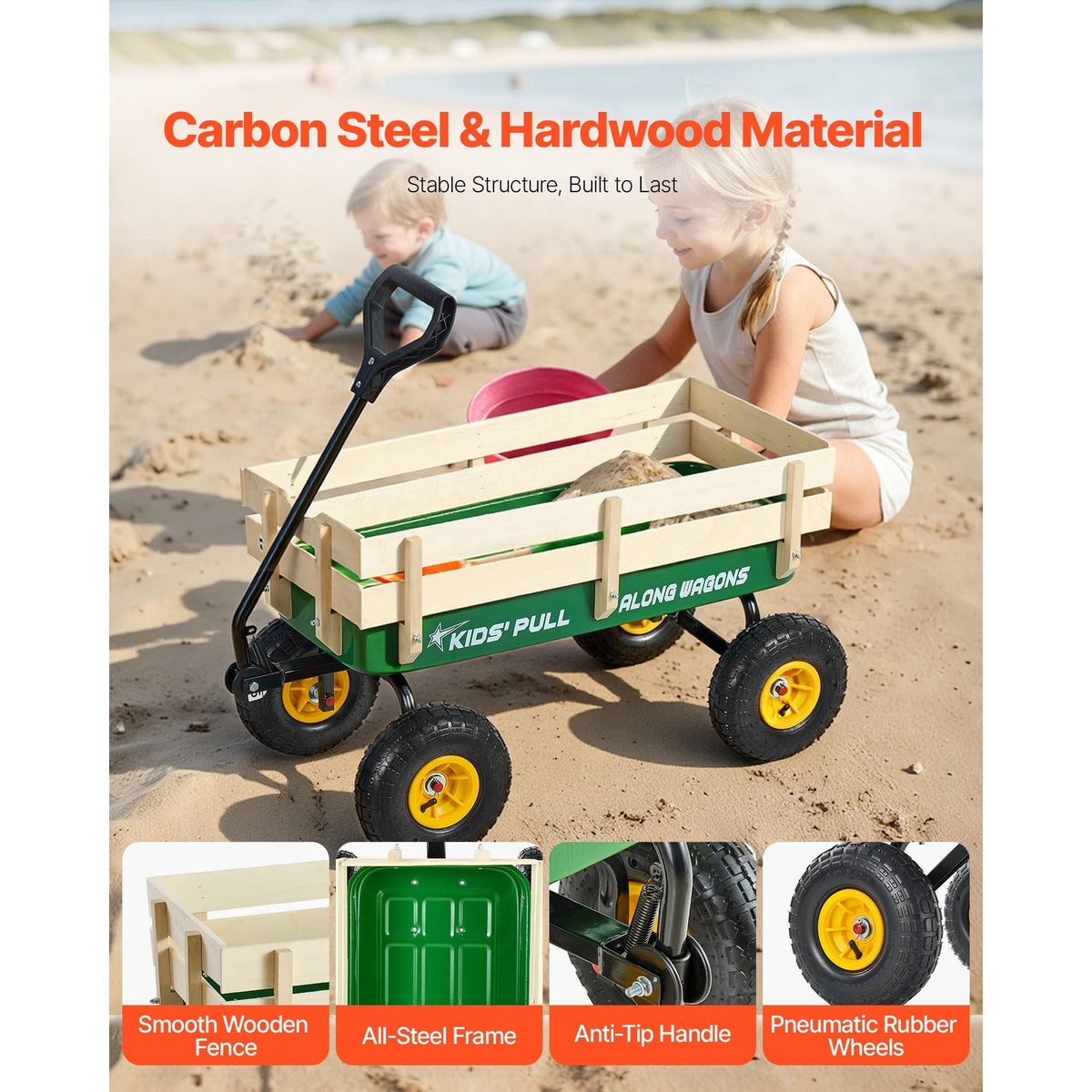 Pull-Along Wagon for Kids, 39 in Toddler Wagons with Foldable Wooden Panel & Handle, Supports up to 551 lbs, 10" All-Terrain Tires, Utility Wagon Cart Birthday Present for Kids Gardening Beach